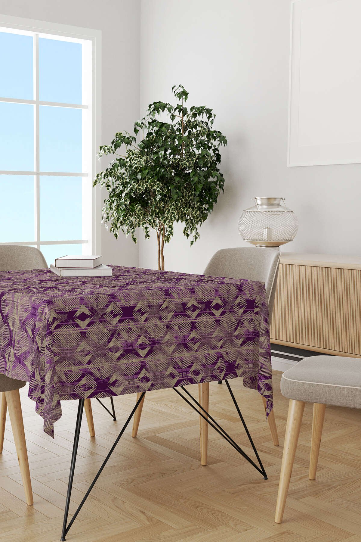 Mor Kahverengi Modern Geometrik Desenli Dijital Baskılı Masaörtüsü CGH495-MS