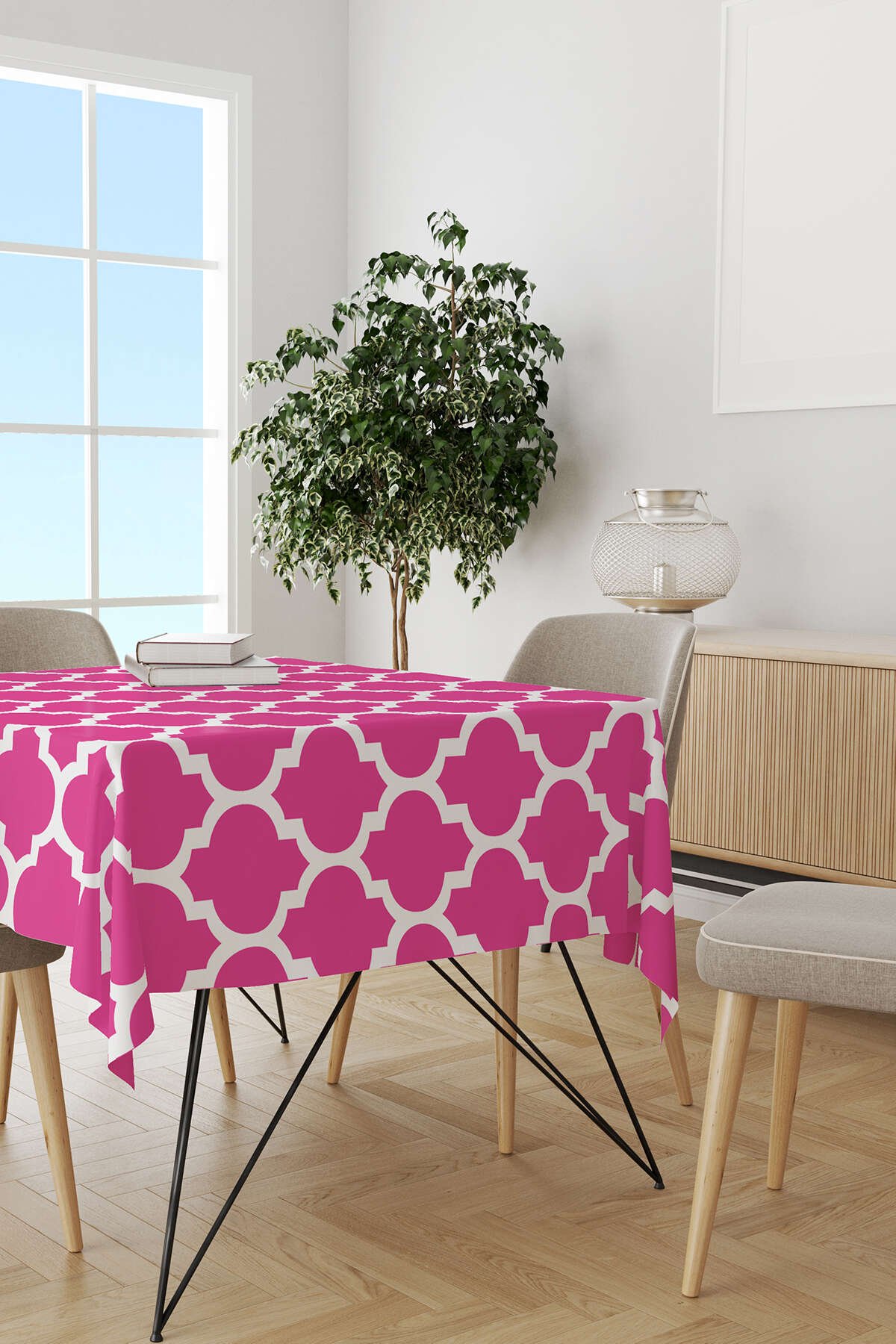 Pembe Beyaz Modern Geometrik Desenli Dijital Baskılı Masaörtüsü OTYK538-MS