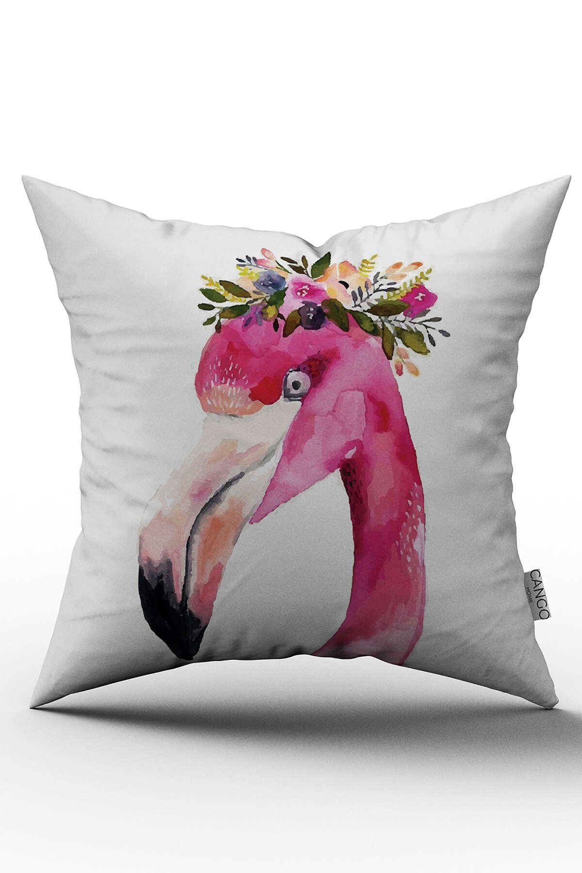 Pembe Çiçekli Flamingo Desenli Dijital Baskılı Kırlent Kılıfı  - OTYK509