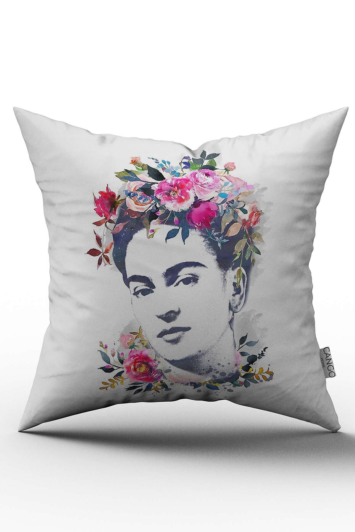 Pembe Çiçekli Frida Dijital Baskı Kırlent Yastık Kılıfı  - CHCCK50