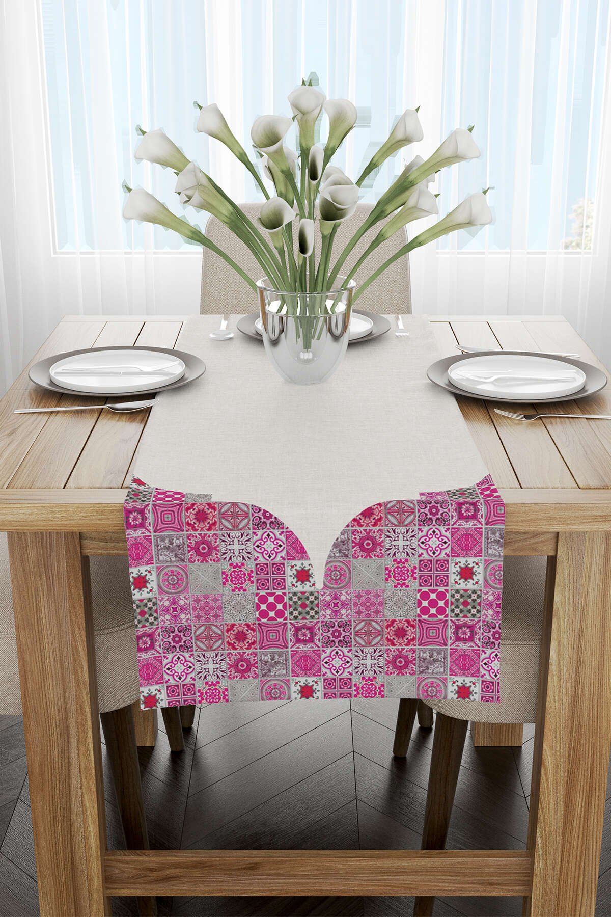 Pembe Gri Ramazan Temalı Dekoratif Desenli Dijital Baskılı Runner CGH1328-RN