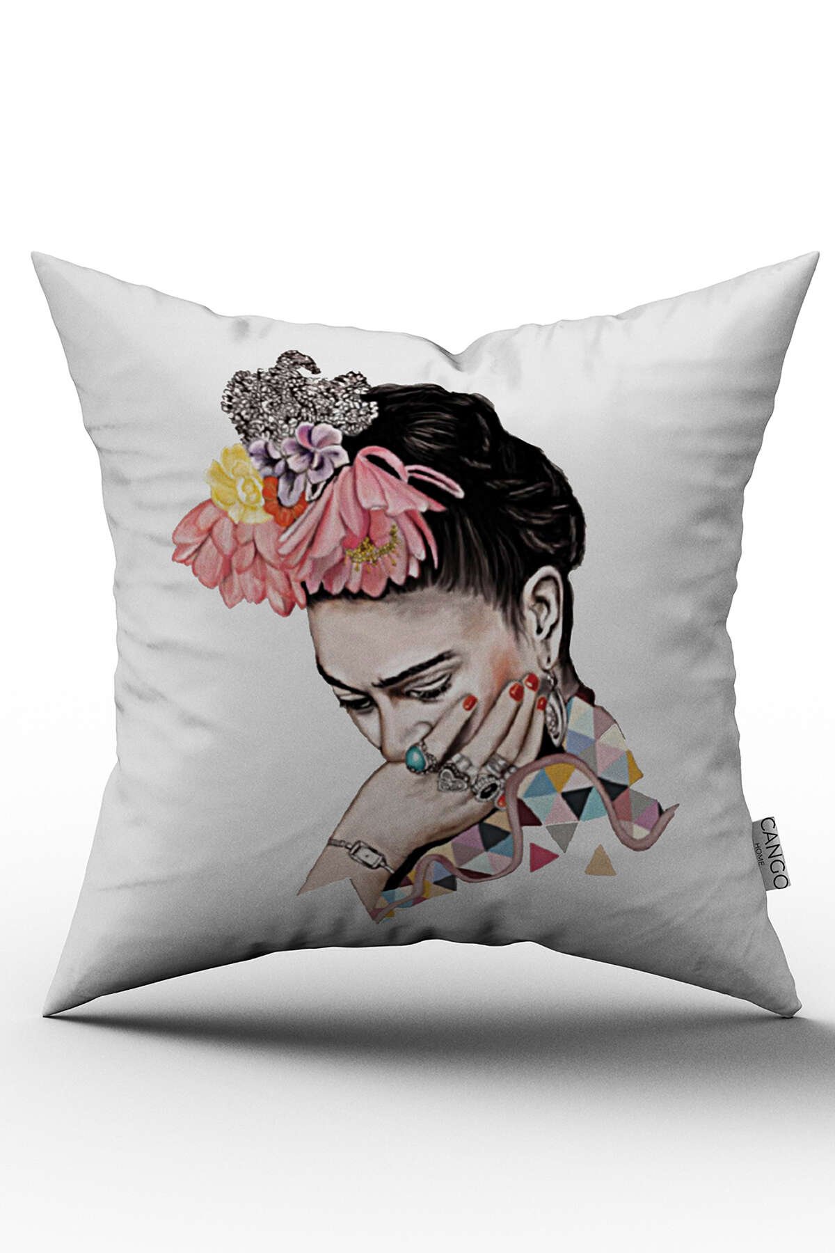 Pembe Siyah Frida Desenli Dijital Baskılı Kırlent Kılıfı  - OTYK511