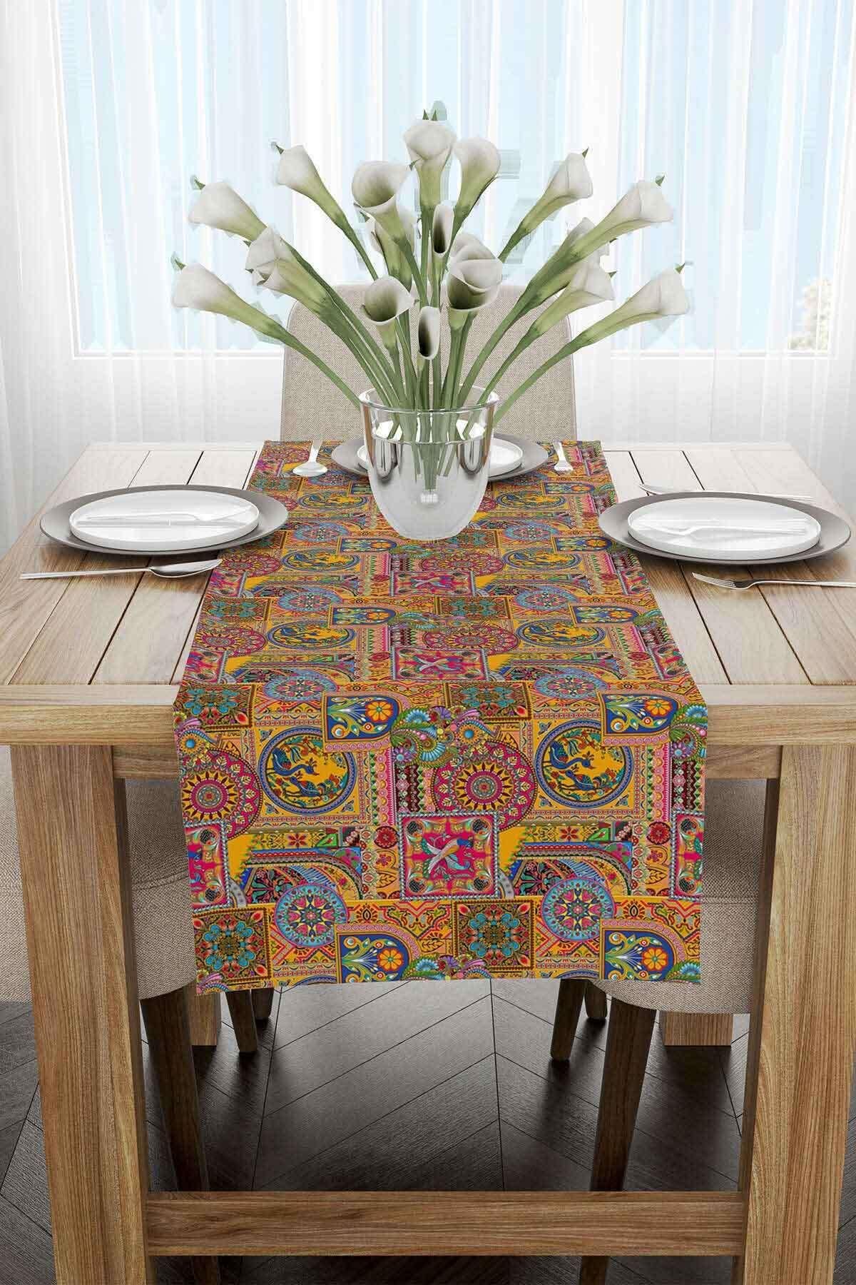 Sarı Etnik Motif Abstract Desenli Dijital Baskılı Runner CGH1349-RN