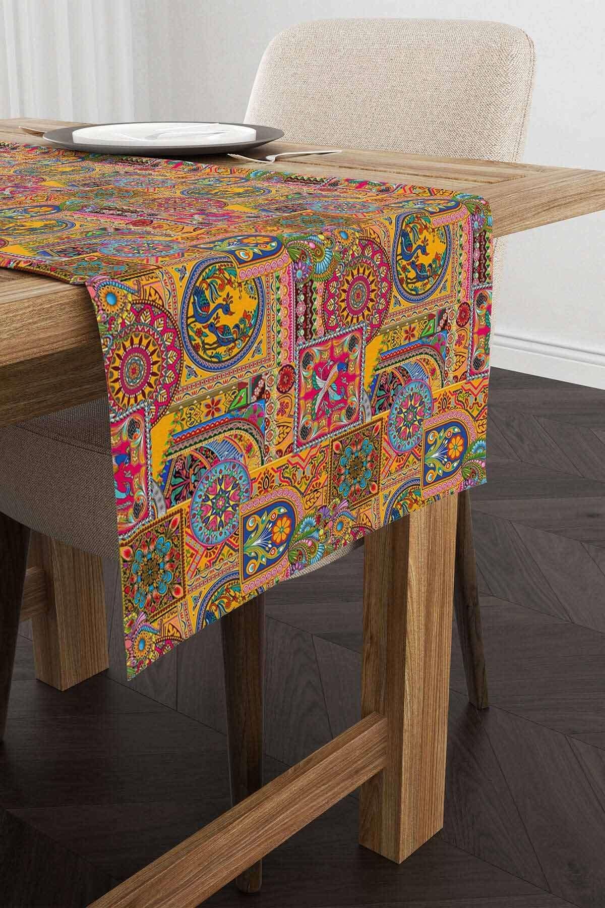 Sarı Etnik Motif Abstract Desenli Dijital Baskılı Runner CGH1349-RN