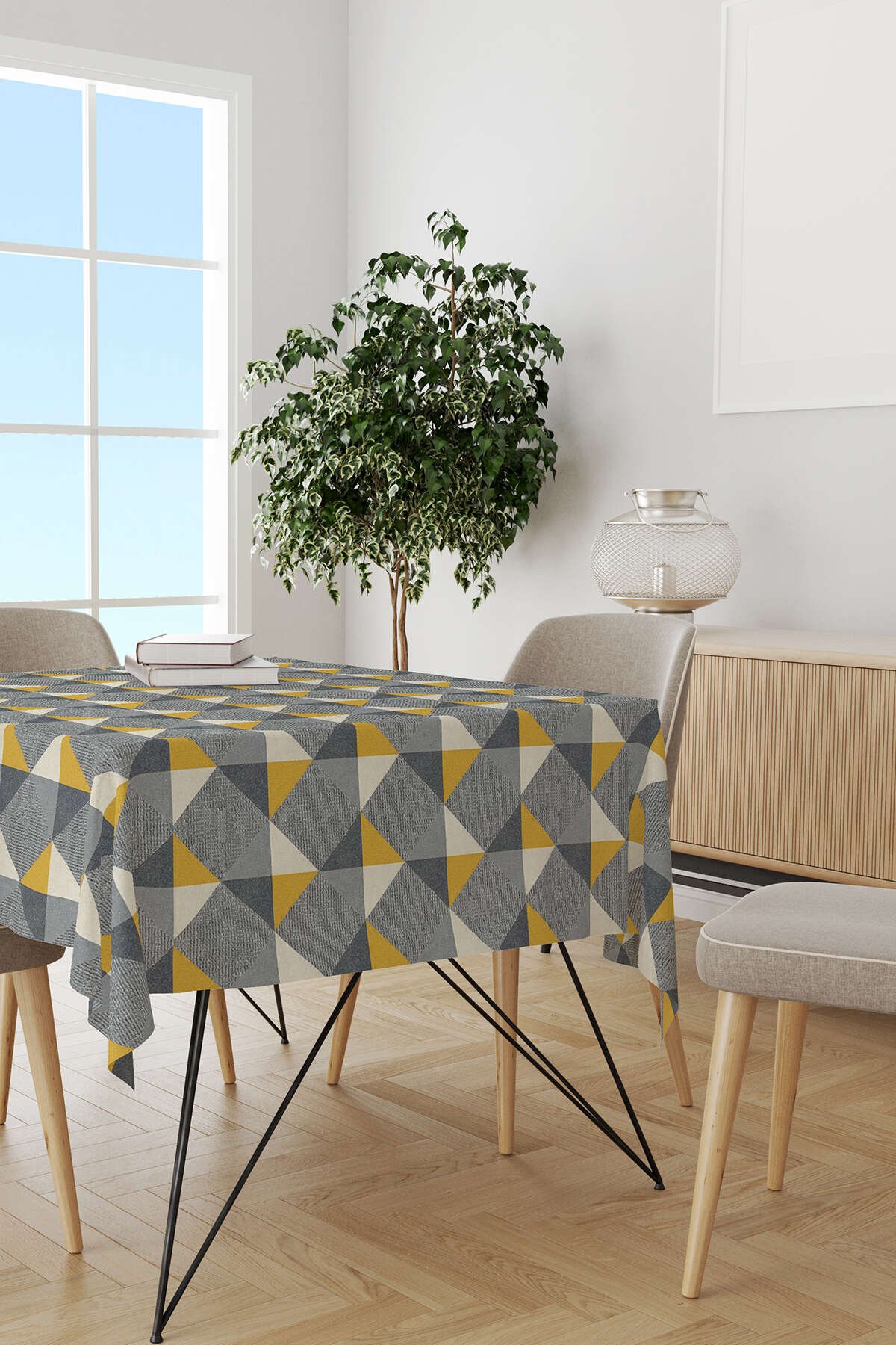 Sarı Gri Dekoratif Geometrik Desenli Dijital Baskılı Masaörtüsü YLMS108-MS