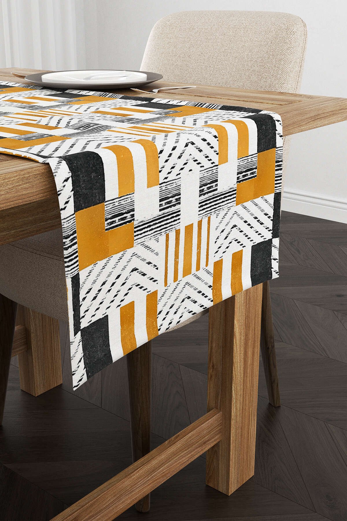 Sarı Gri Geometrik Modern Bohem  Dijital Baskılı Runner CGH930-RN