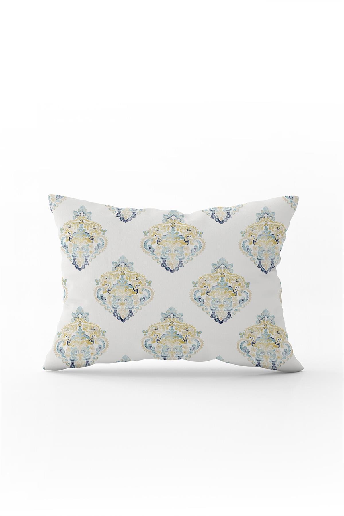 Sarı Mavi Damask Desenli Dijital Baskı Kırlent Yastık Kılıfı - CGH497-3550 Çift Tarafı Baskılı