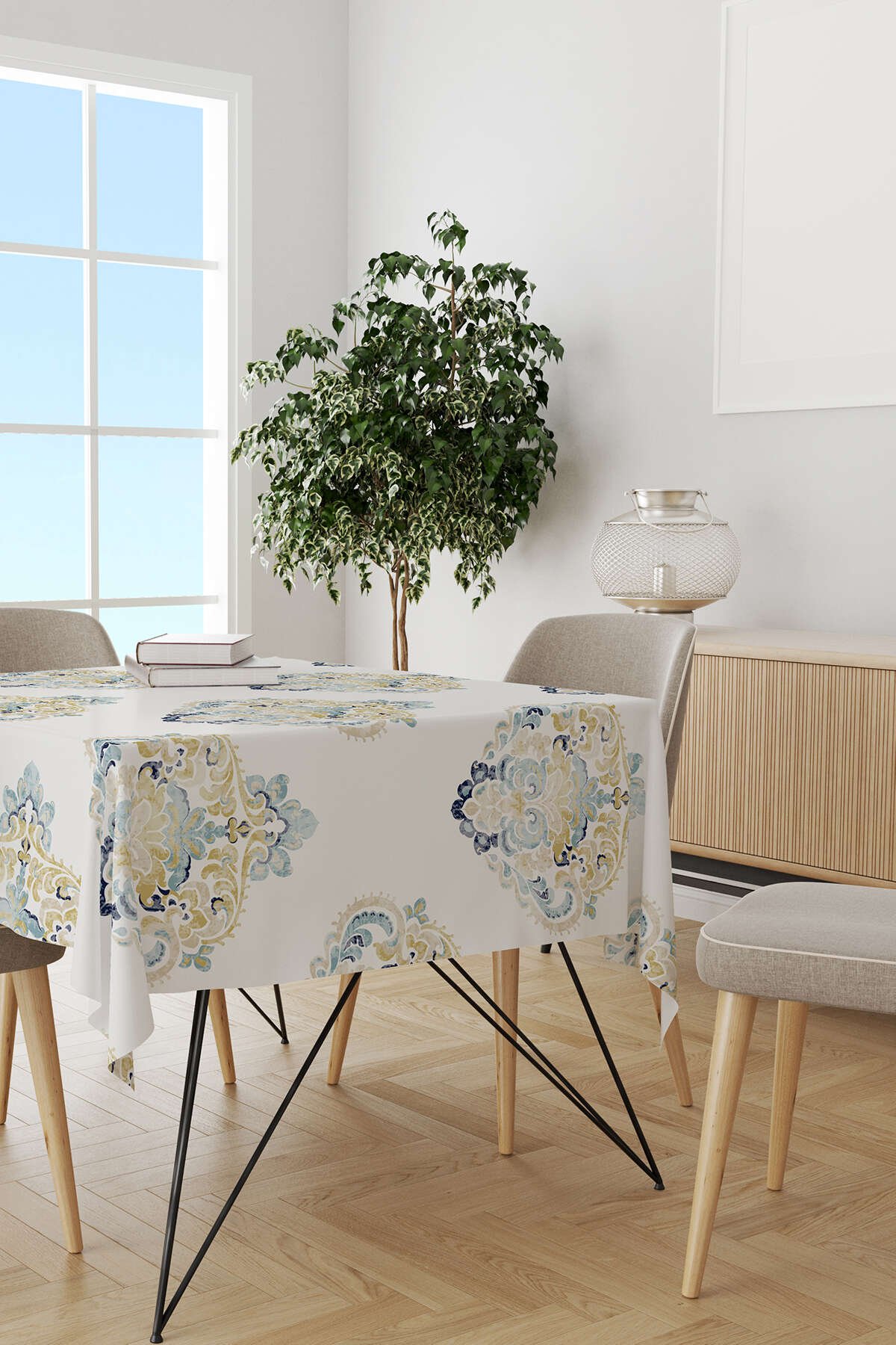 Sarı Mavi Damask Desenli Dijital Baskılı Masaörtüsü CGH497-MS