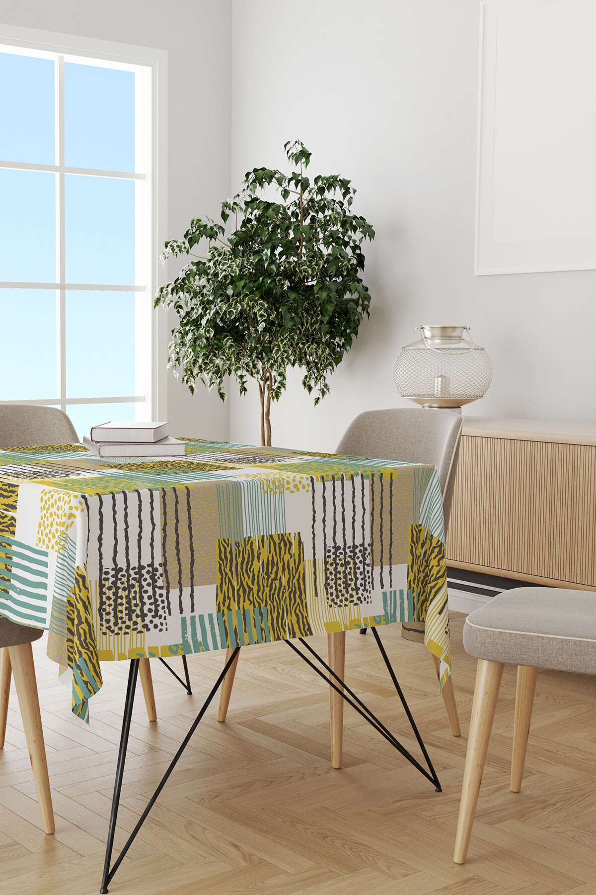 Sarı Mavi Modern Leopar Desenli Dijital Baskılı Masaörtüsü CGH356-MS