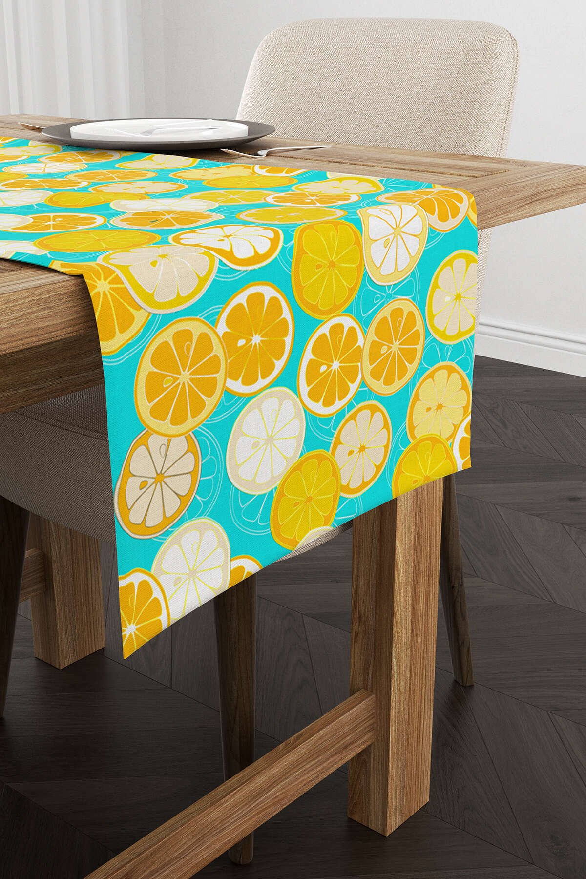 Sarı Yeşil Limon Desenli Dijital Baskılı Runner  - OYTYK919-RN