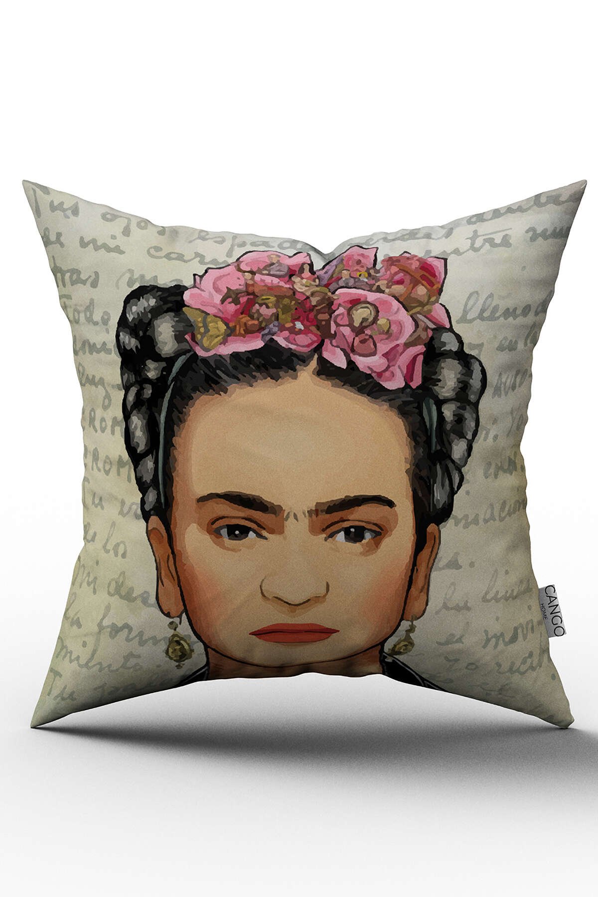 Siyah Bej Frida Desenli Dijital Baskılı Kırlent Kılıfı  - OTYK512