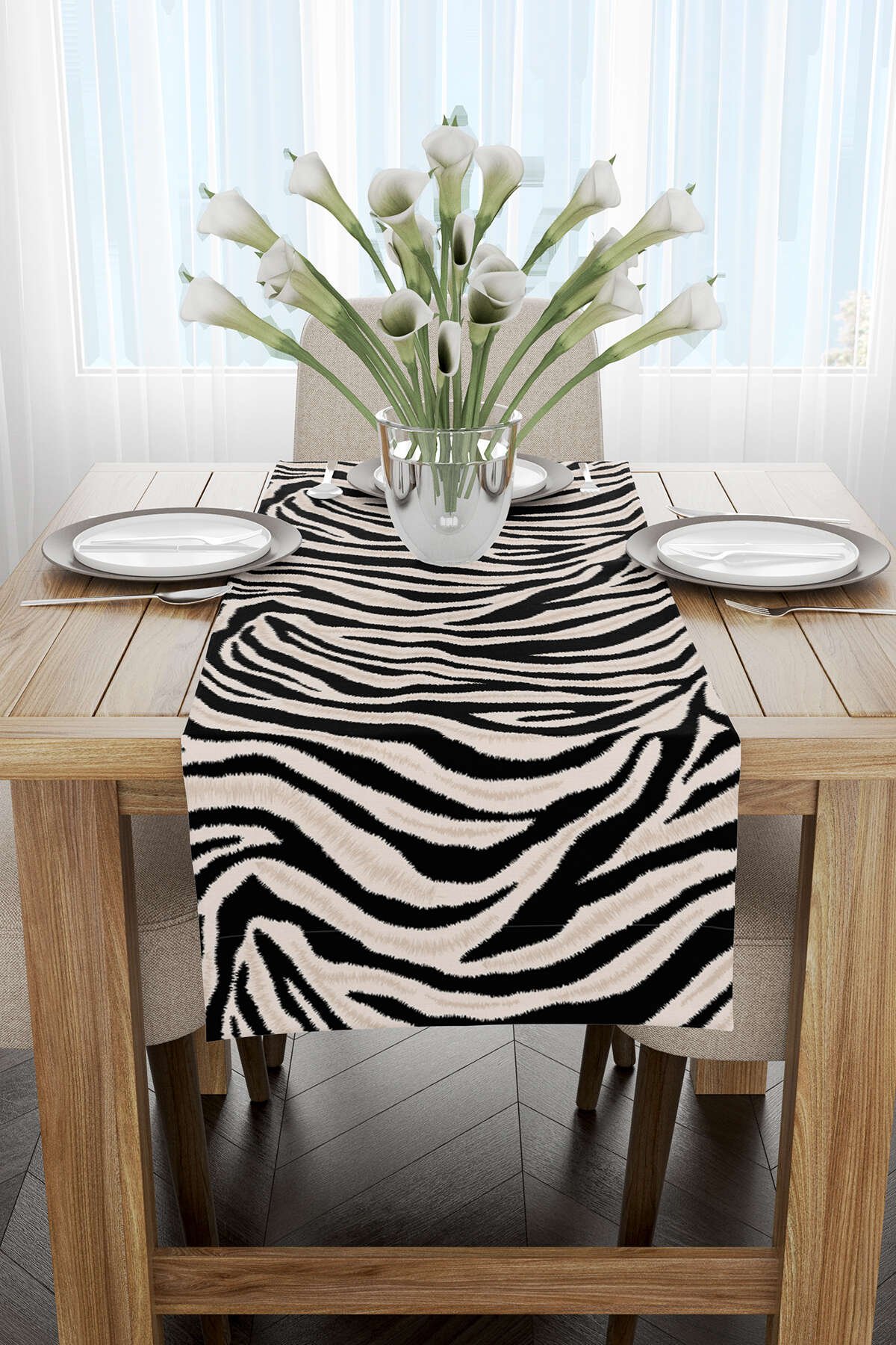 Siyah Bej Zebra Desenli Dijital Baskı Runner - CGH348-RN