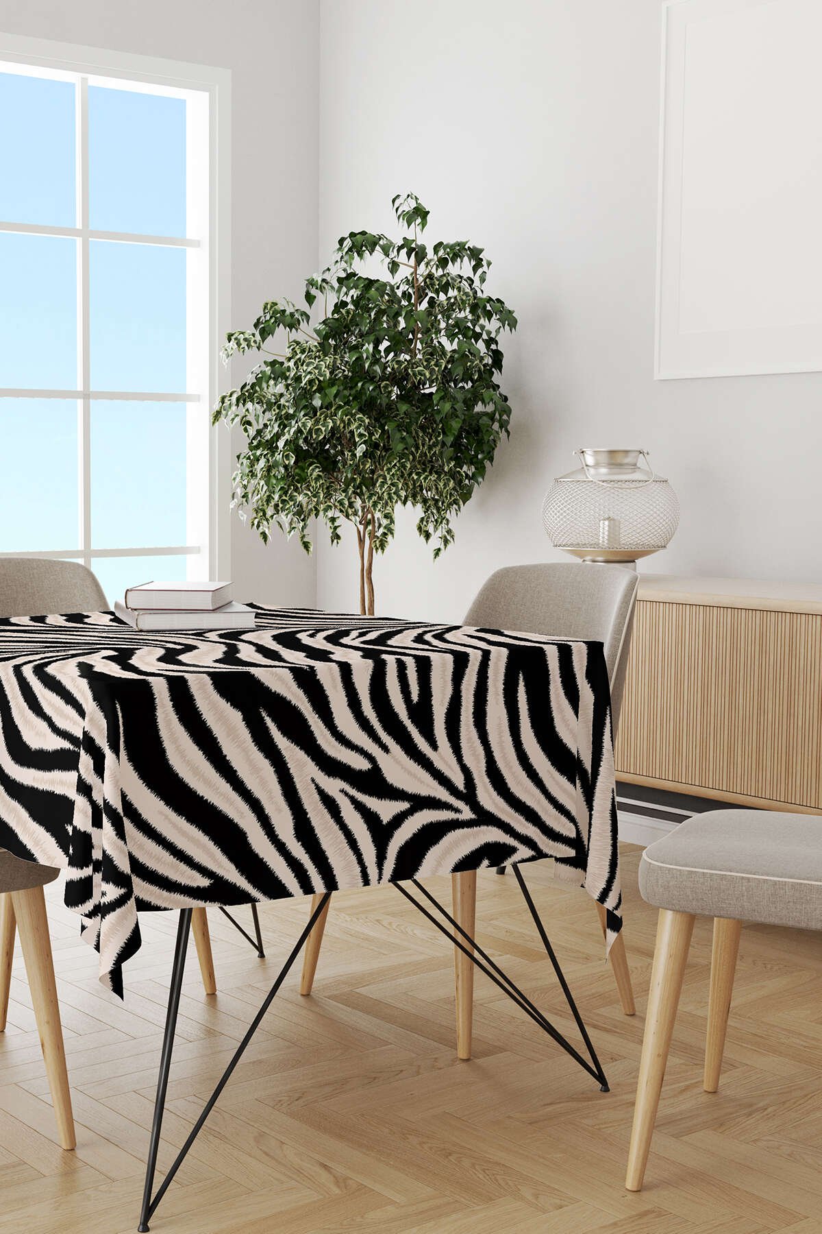 Siyah Bej Zebra Desenli Dijital Baskılı Masaörtüsü CGH348-MS