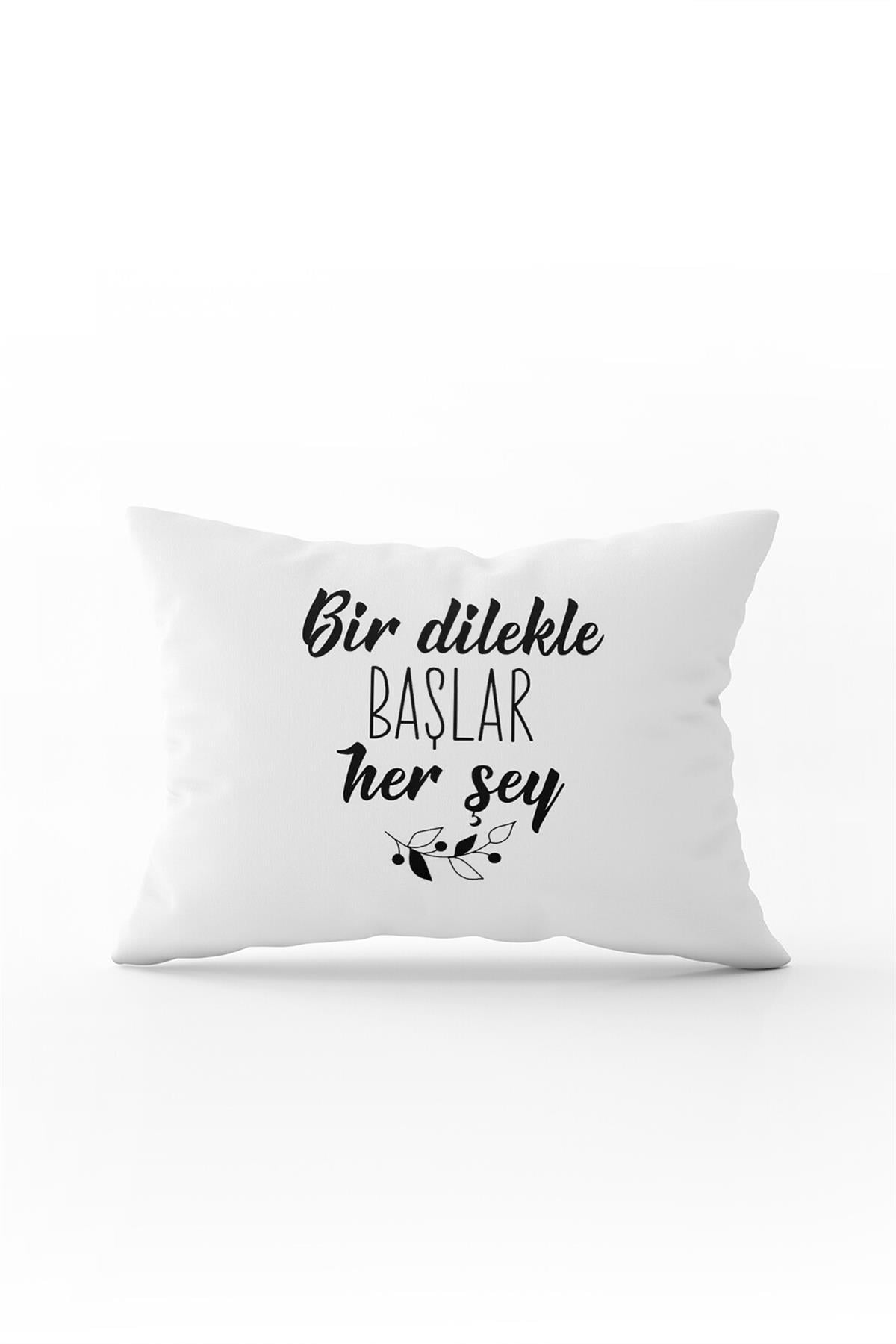 Siyah Beyaz Bir Dilekle Başlar Herşey Yazılı Modern Dijital Baskı Kırlent Yastık Kılıfı - CGH400-3550 Çift Tarafı Baskılı
