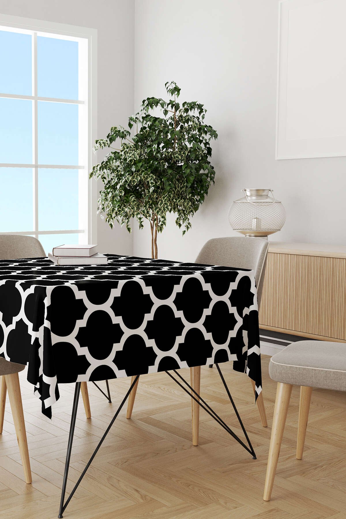 Siyah Beyaz Modern Geometrik Desenli Dijital Baskılı Masaörtüsü OTYK552-MS