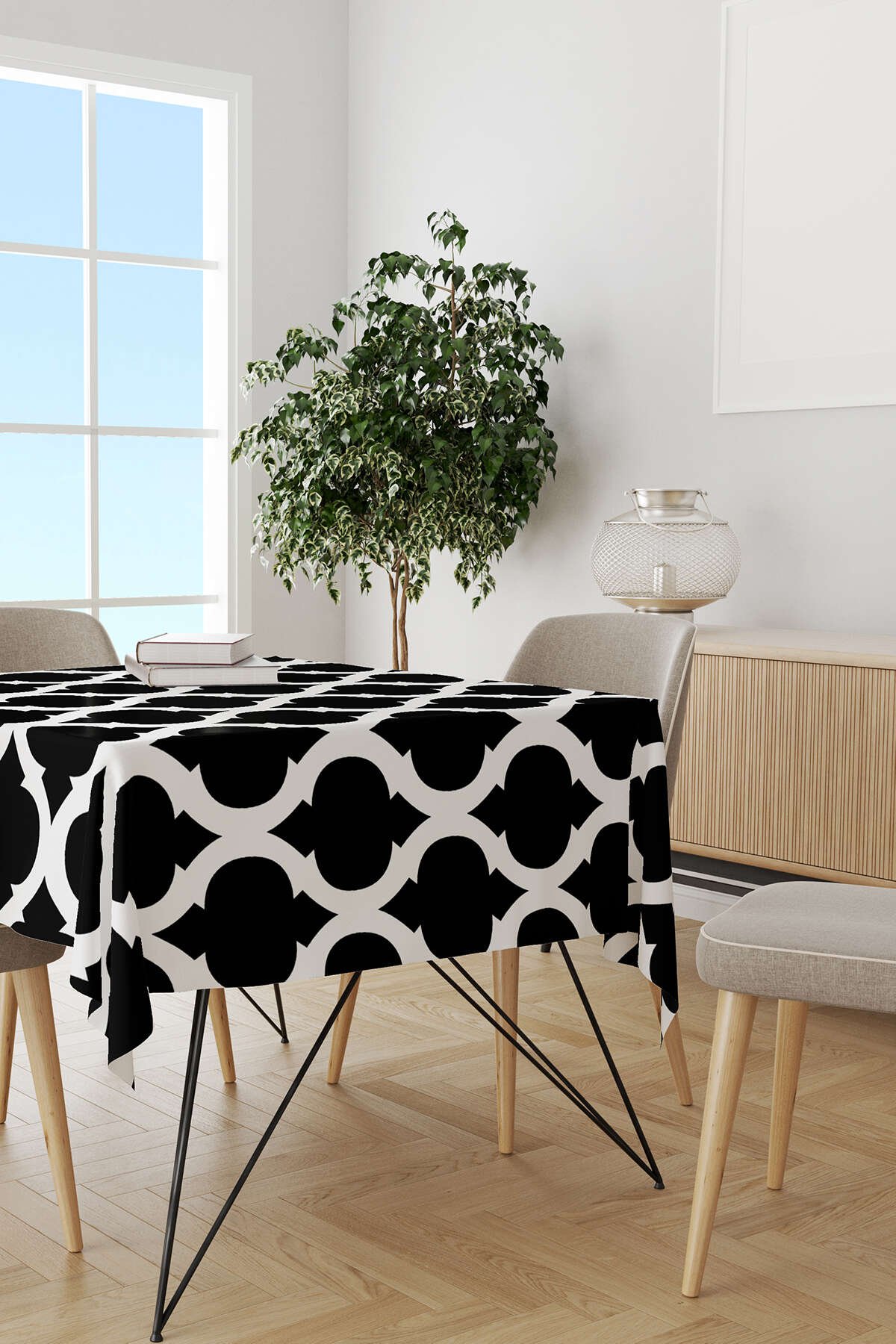 Siyah Beyaz Modern Geometrik Desenli Dijital Baskılı Masaörtüsü OTYK532-MS