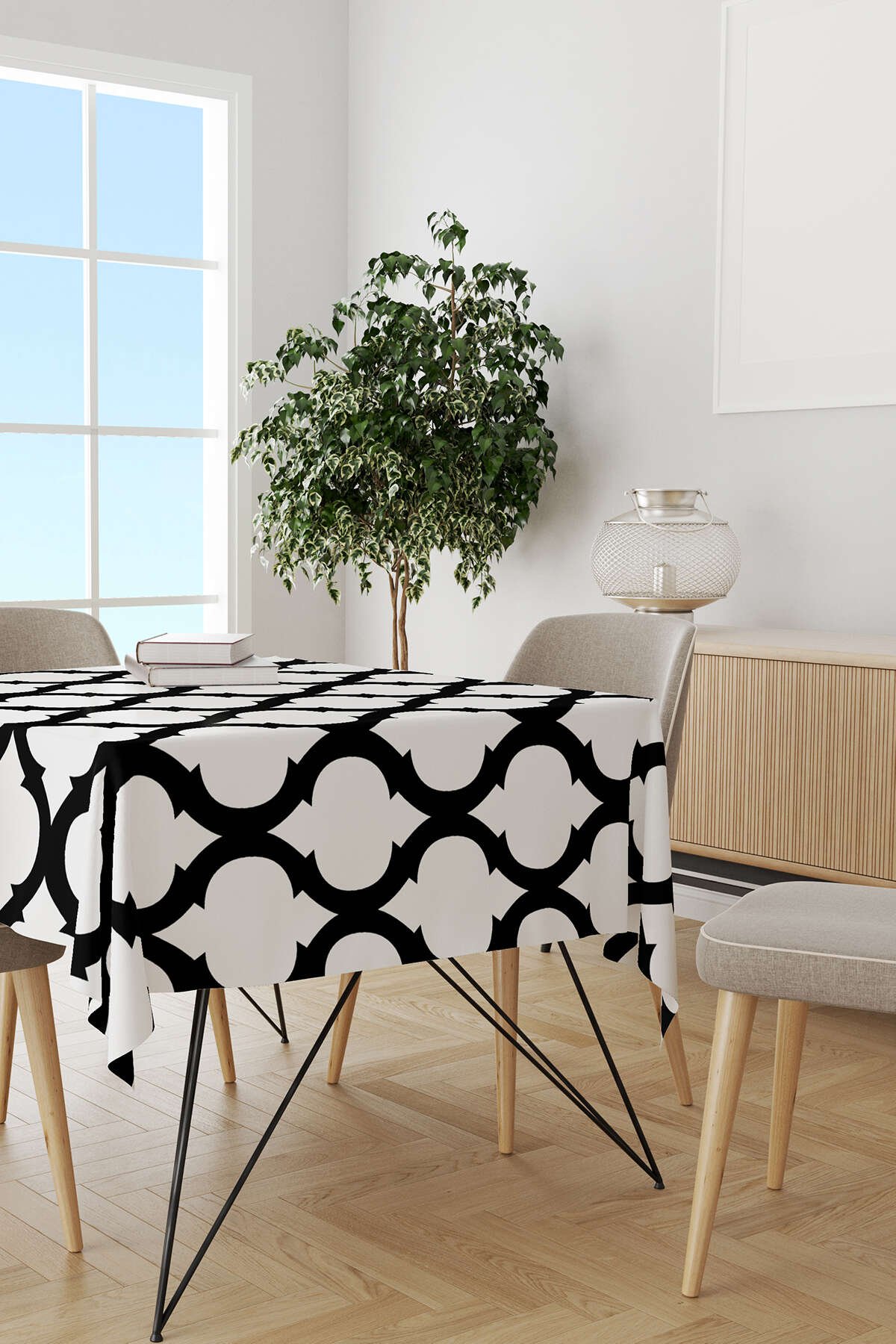 Siyah Beyaz Modern Geometrik Desenli Dijital Baskılı Masaörtüsü OTYK531-MS