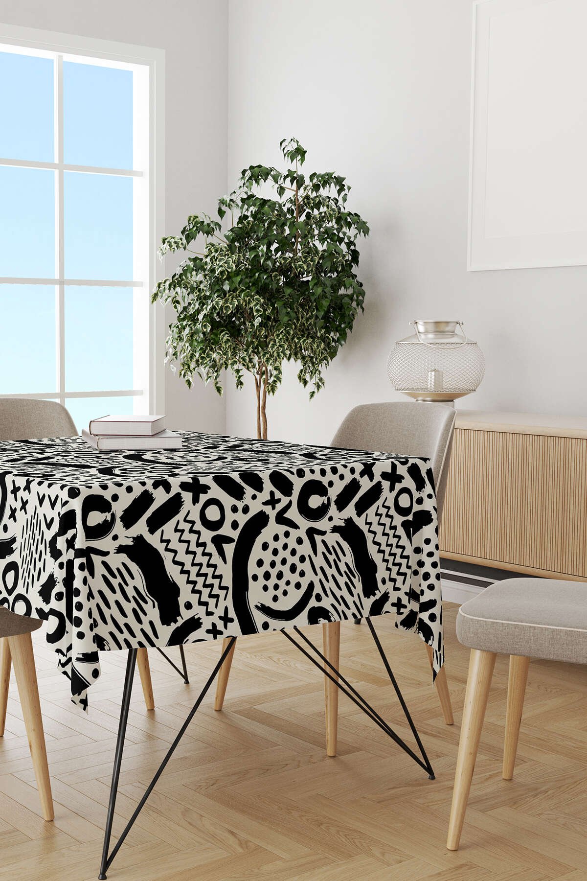 Siyah Beyaz Modern Geometrik Desenli Masaörtüsü CGH105-MS