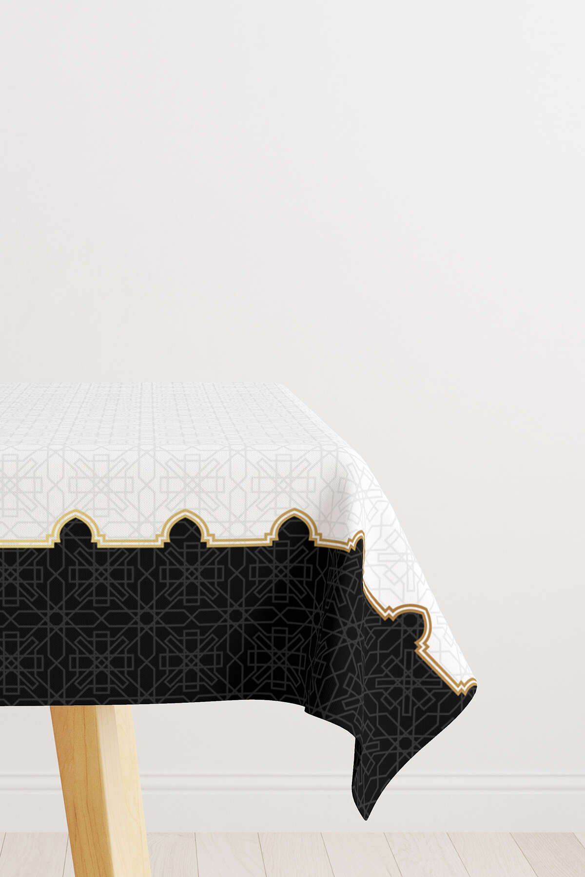 Siyah Beyaz Ramazan Temalı Dekoratif  Desenli Dijital Baskılı Masaörtüsü CGH1310-MS