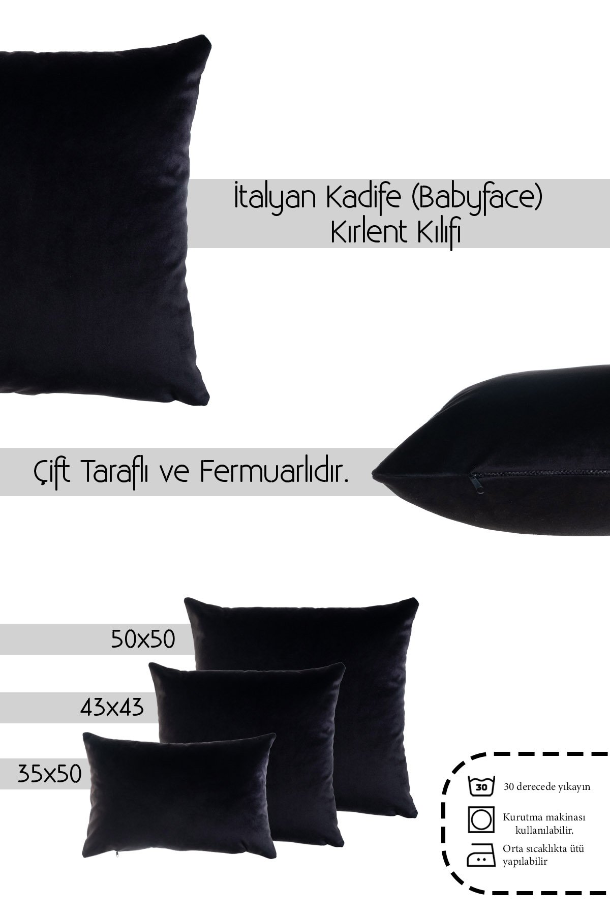 Siyah Kadife (Babyface) Çift Taraflı Kırlent Kılıfı