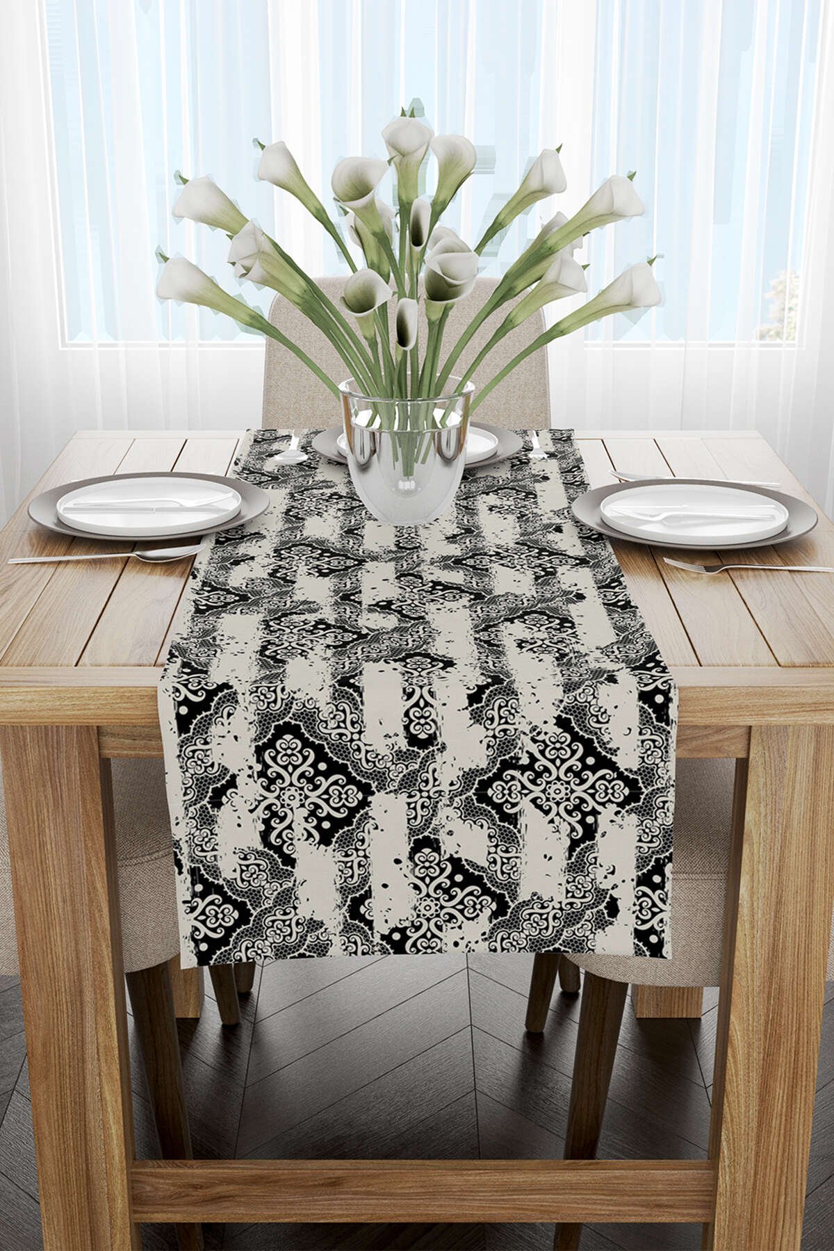 Siyah Krem Damask Desenli Runner - CGH099-RN