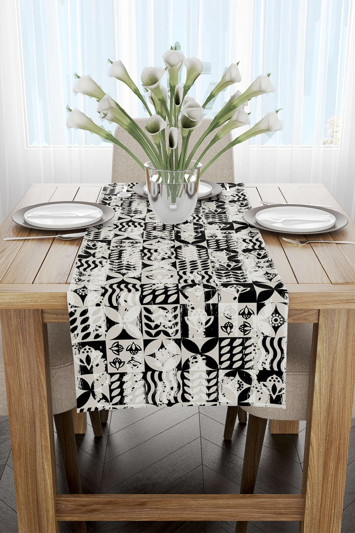 Siyah Krem Dekoratif Geometrik Runner - CGH131-RN