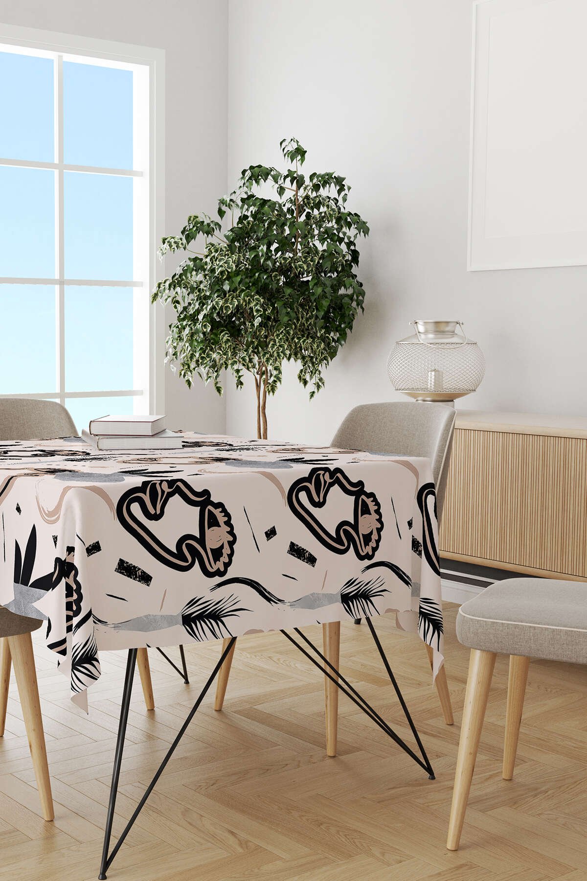 Siyah Krem Renkli Modern Siluet Desenli Dijital Baskılı Masaörtüsü CGH1098-MS