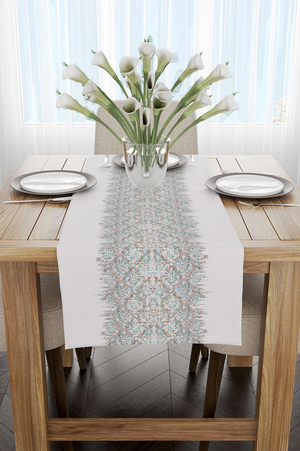 Turkuaz Gri Damask Desenli Runner - CGH130-RN