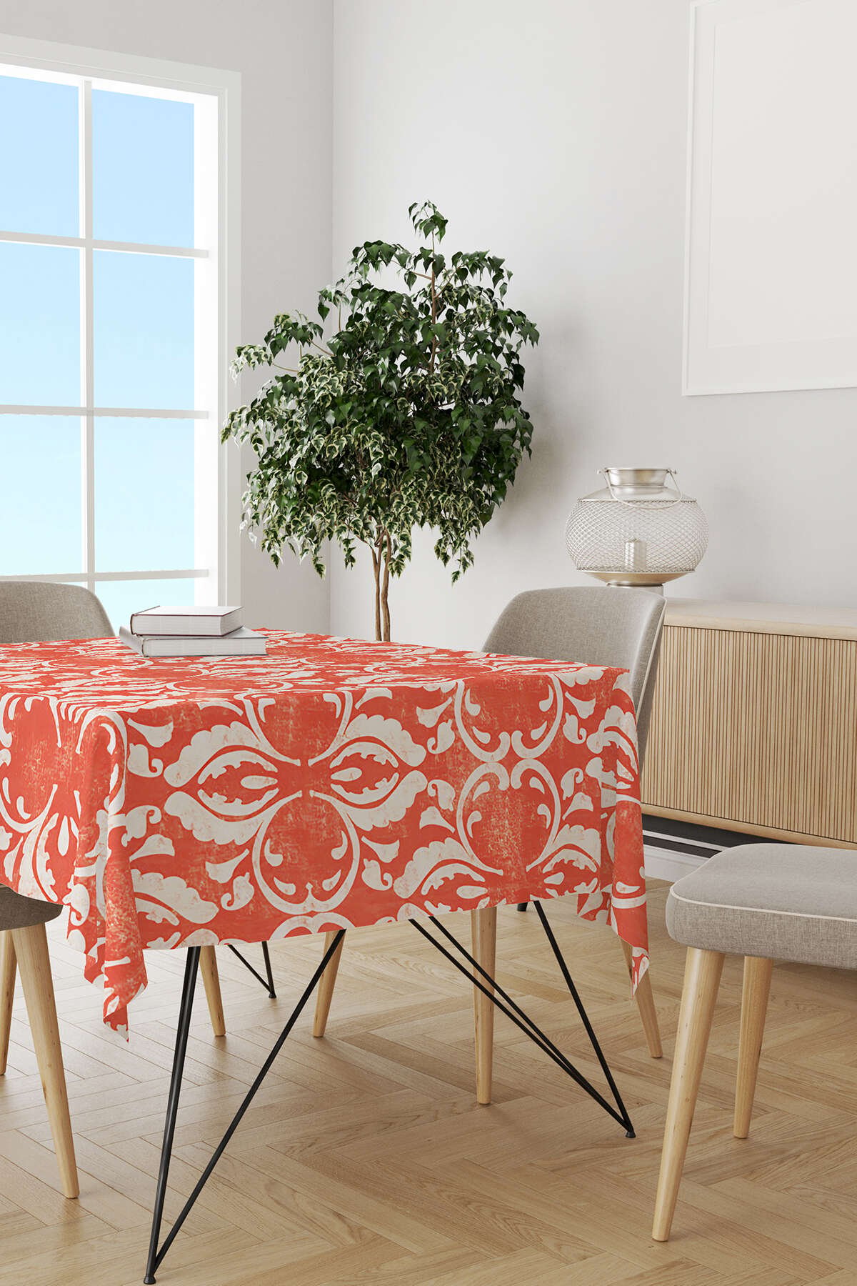 Turuncu Beyaz Damask Desenli Dijital Baskılı Masaörtüsü OTYK064-MS