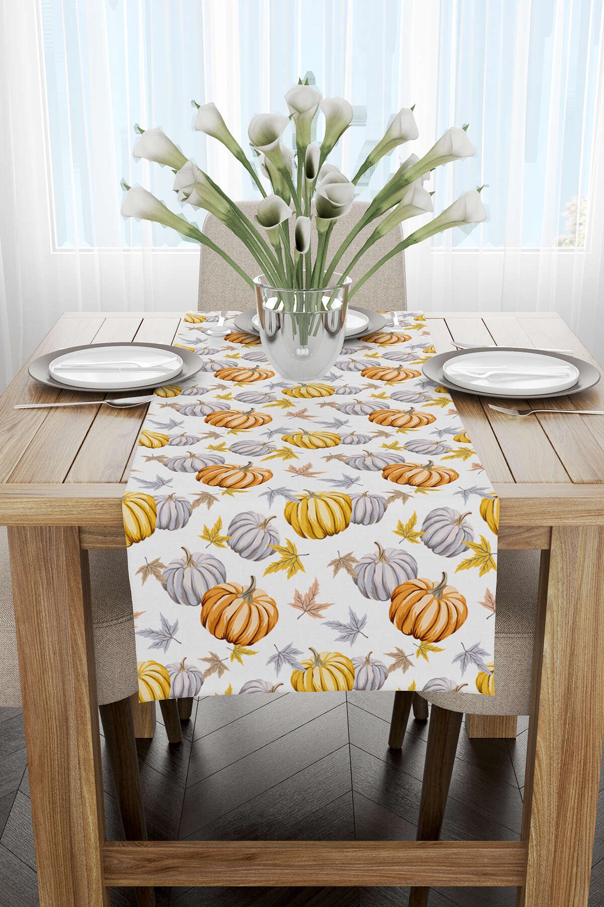 Turuncu Halloween Balkabağı Desenli Dijital Baskılı Runner CGH765-RN