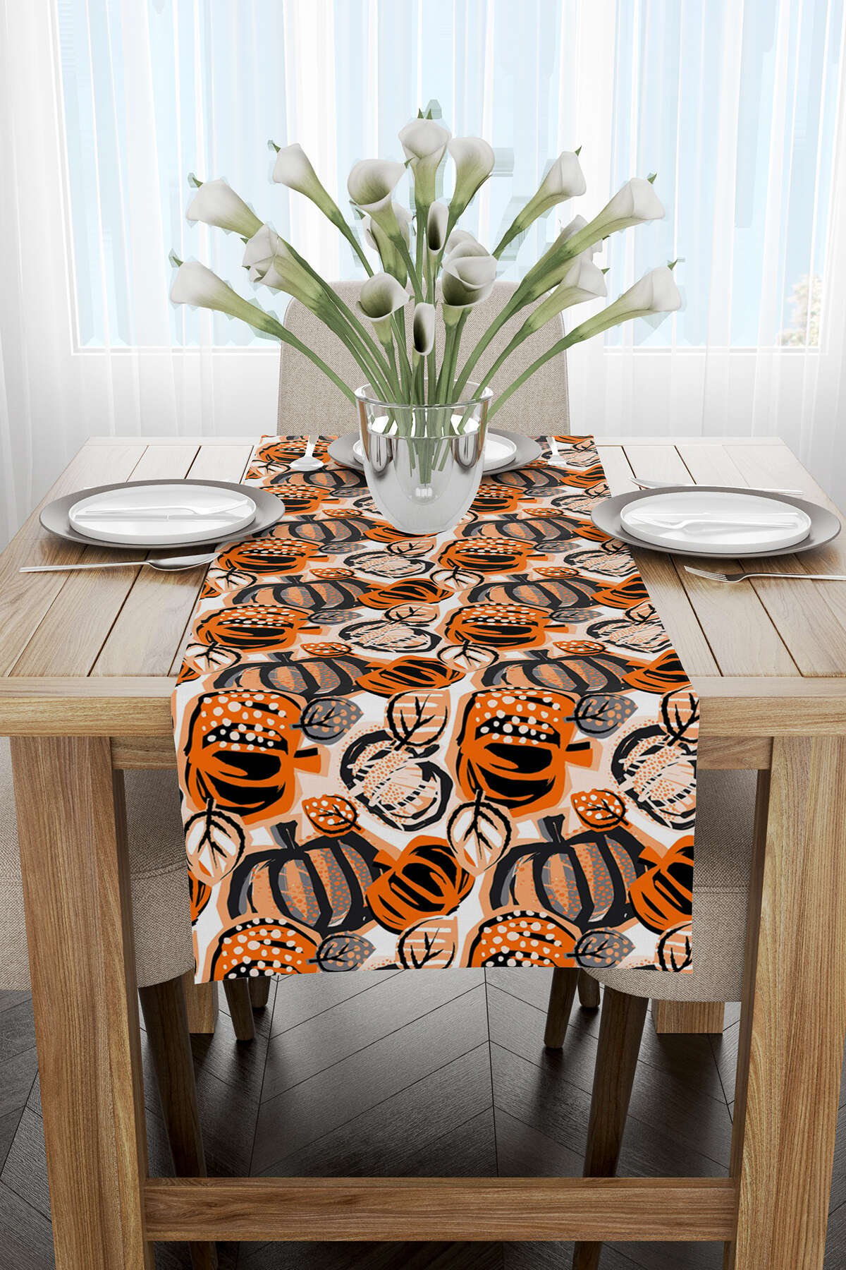 Turuncu Halloween Balkabağı Desenli Dijital Baskılı Runner CGH755-RN