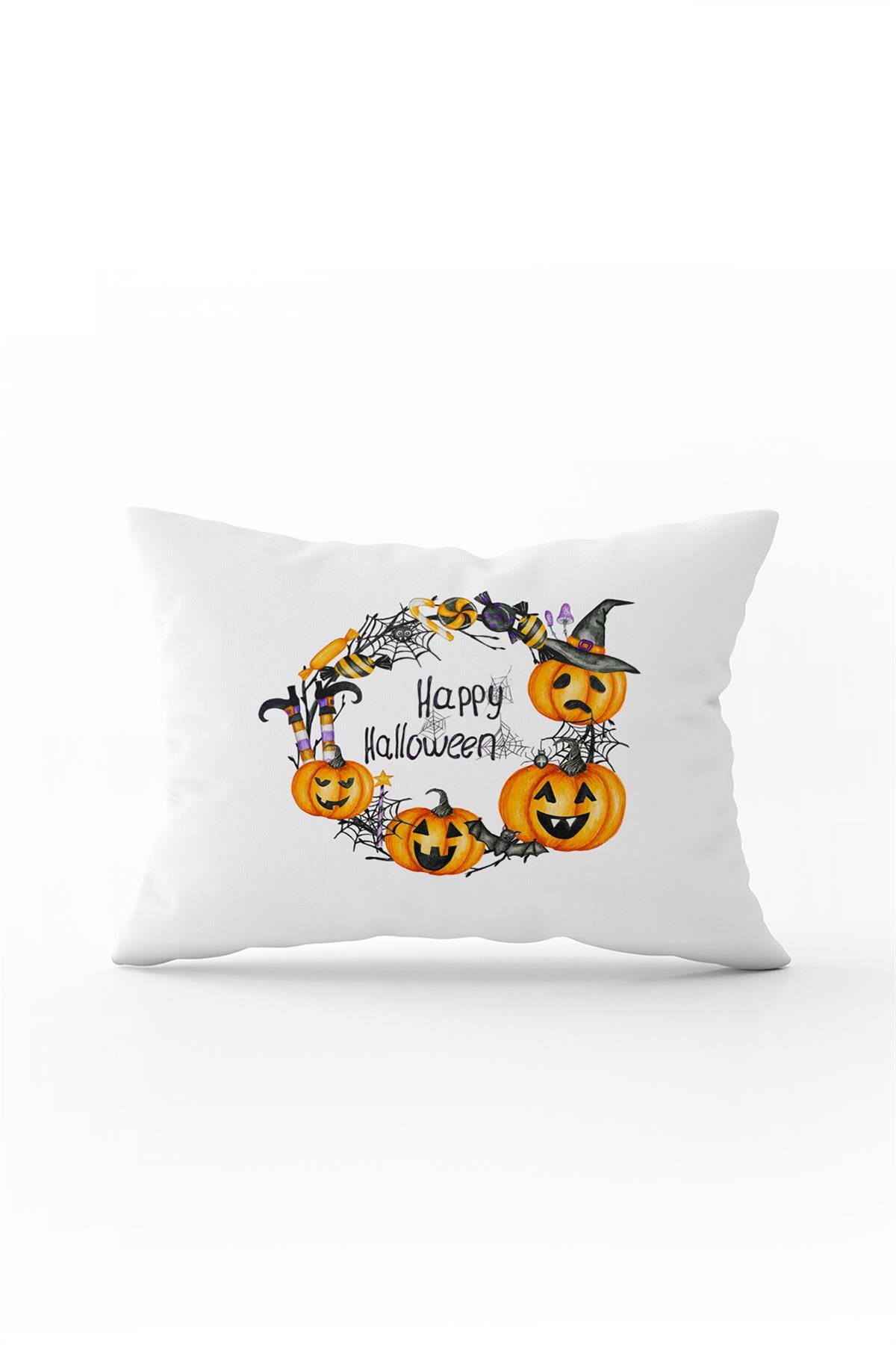 Turuncu Halloween Balkabağı Desenli Dijital Baskılı Kırlent Kılıfı CGH754-3550 Çift Tarafı Baskılı
