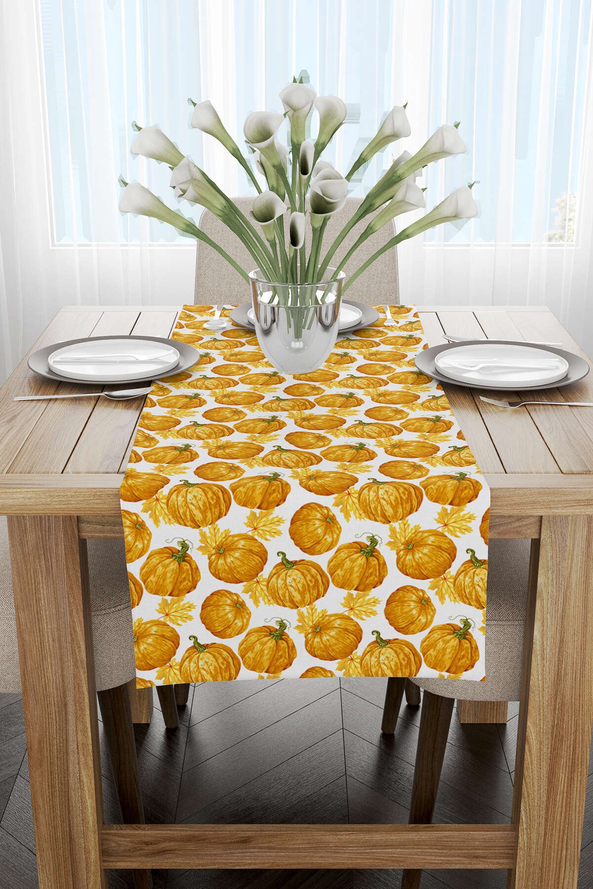 Turuncu Halloween Balkabağı Desenli Dijital Baskılı Runner CGH762-RN