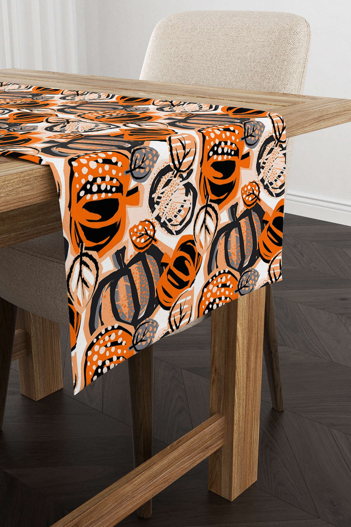 Turuncu Halloween Balkabağı Desenli Dijital Baskılı Runner CGH755-RN