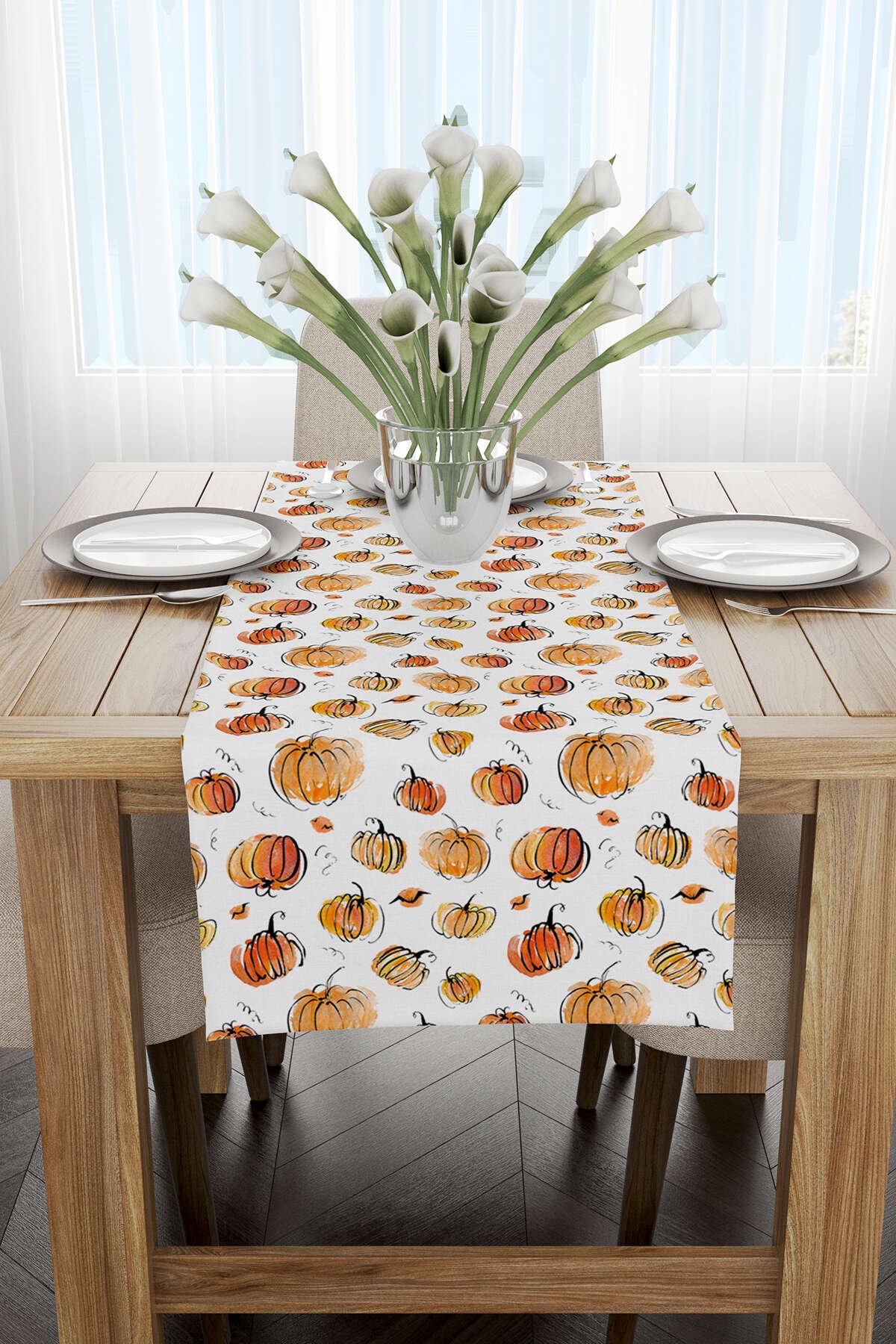 Turuncu Halloween Balkabağı Desenli Dijital Baskılı Runner CGH753-RN