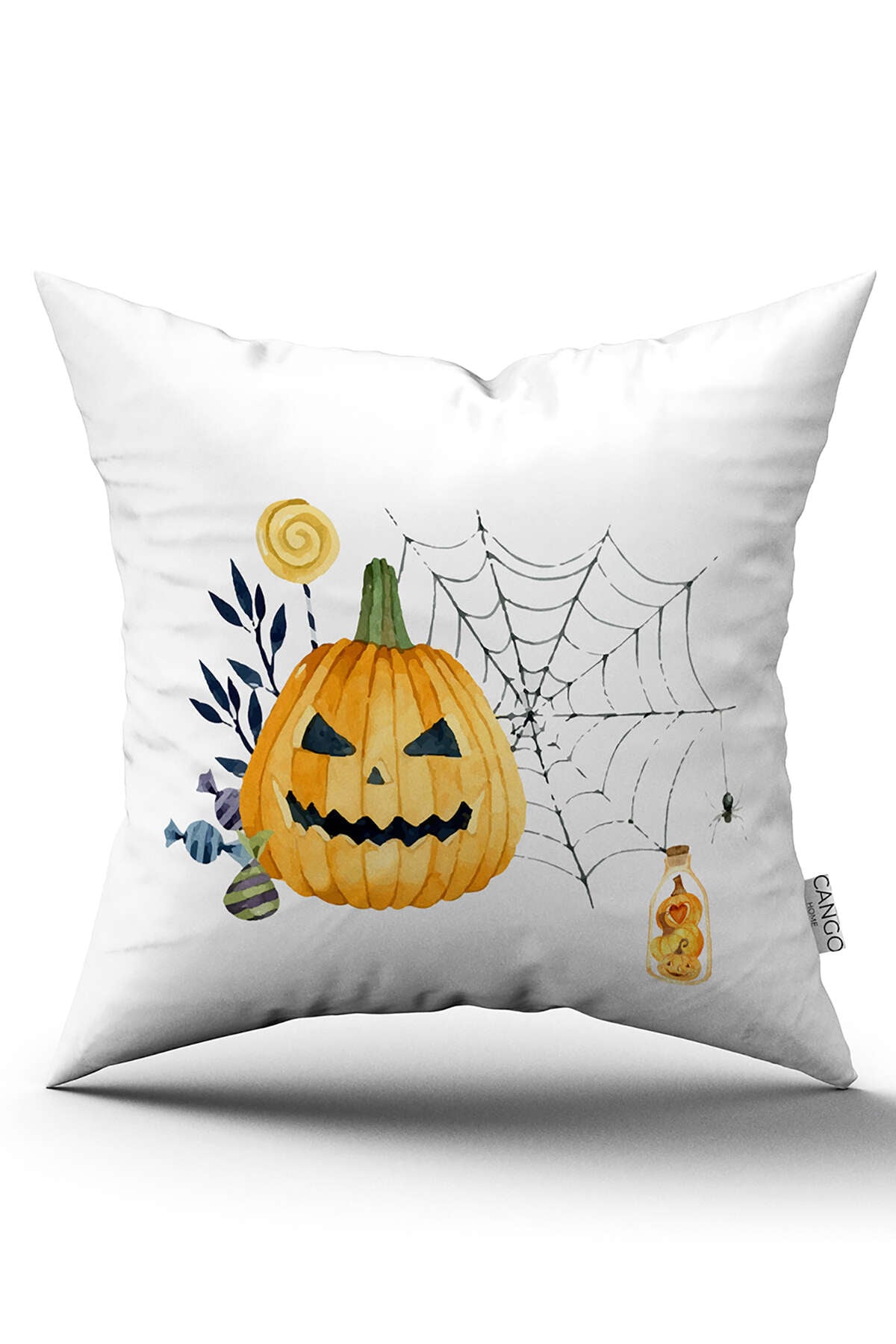 Turuncu Halloween Balkabağı Desenli Dijital Baskılı Kırlent Kılıfı CGH741