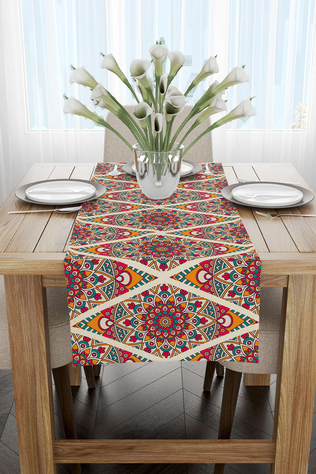Turuncu Pembe Ramazan Temalı Mandala Desenli Dijital Baskılı Runner CGH1343-RN