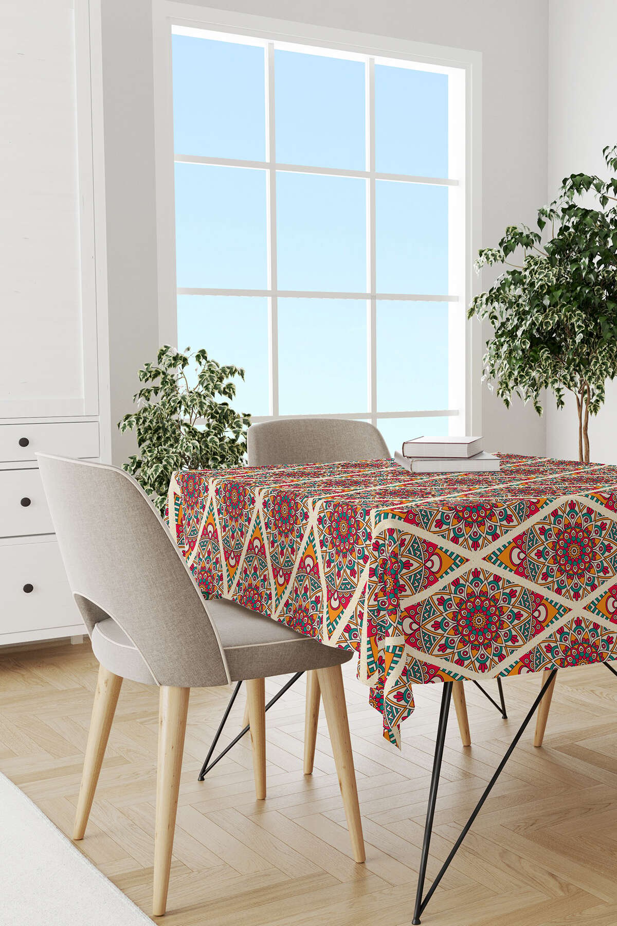 Turuncu Pembe Ramazan Temalı Mandala Desenli Dijital Baskılı Masaörtüsü CGH1343-MS