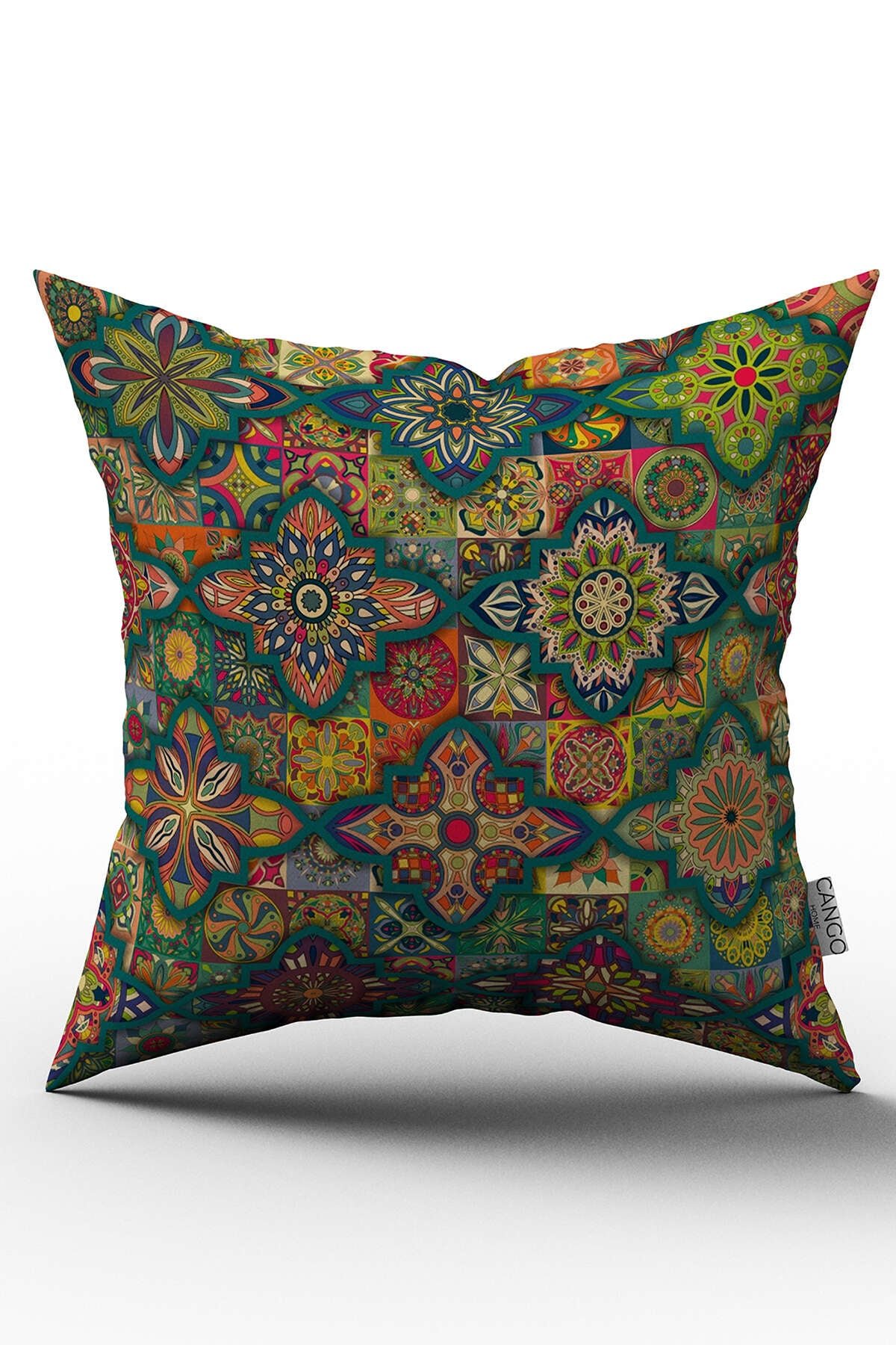 Yeşil Çok Renkli Retro Vintage Desenli Dijital Baskılı Kırlent Kılıfı  - OTYK249