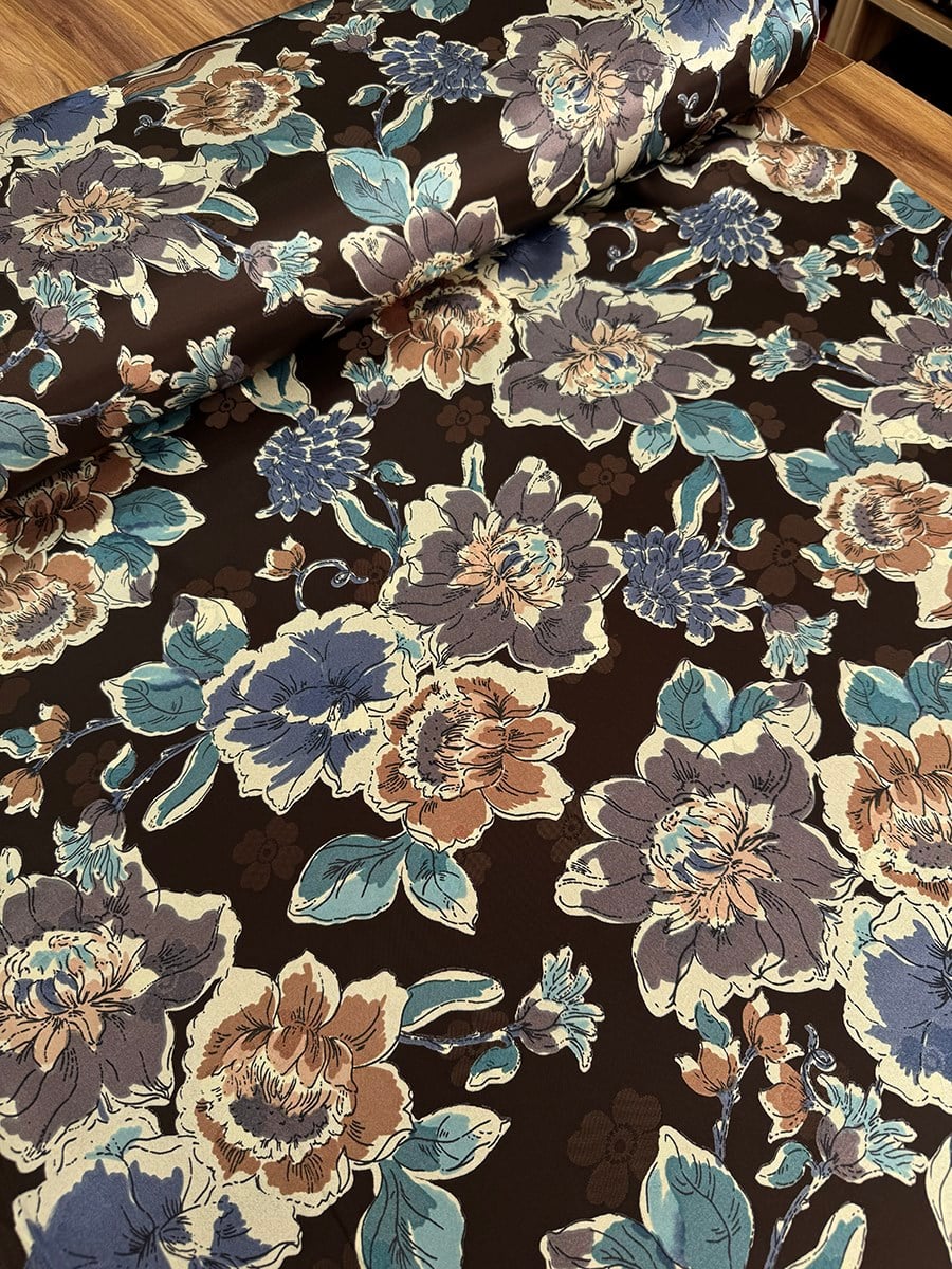 Zeymra - Vintage Çiçekler İpek Saten Emprime Kumaş