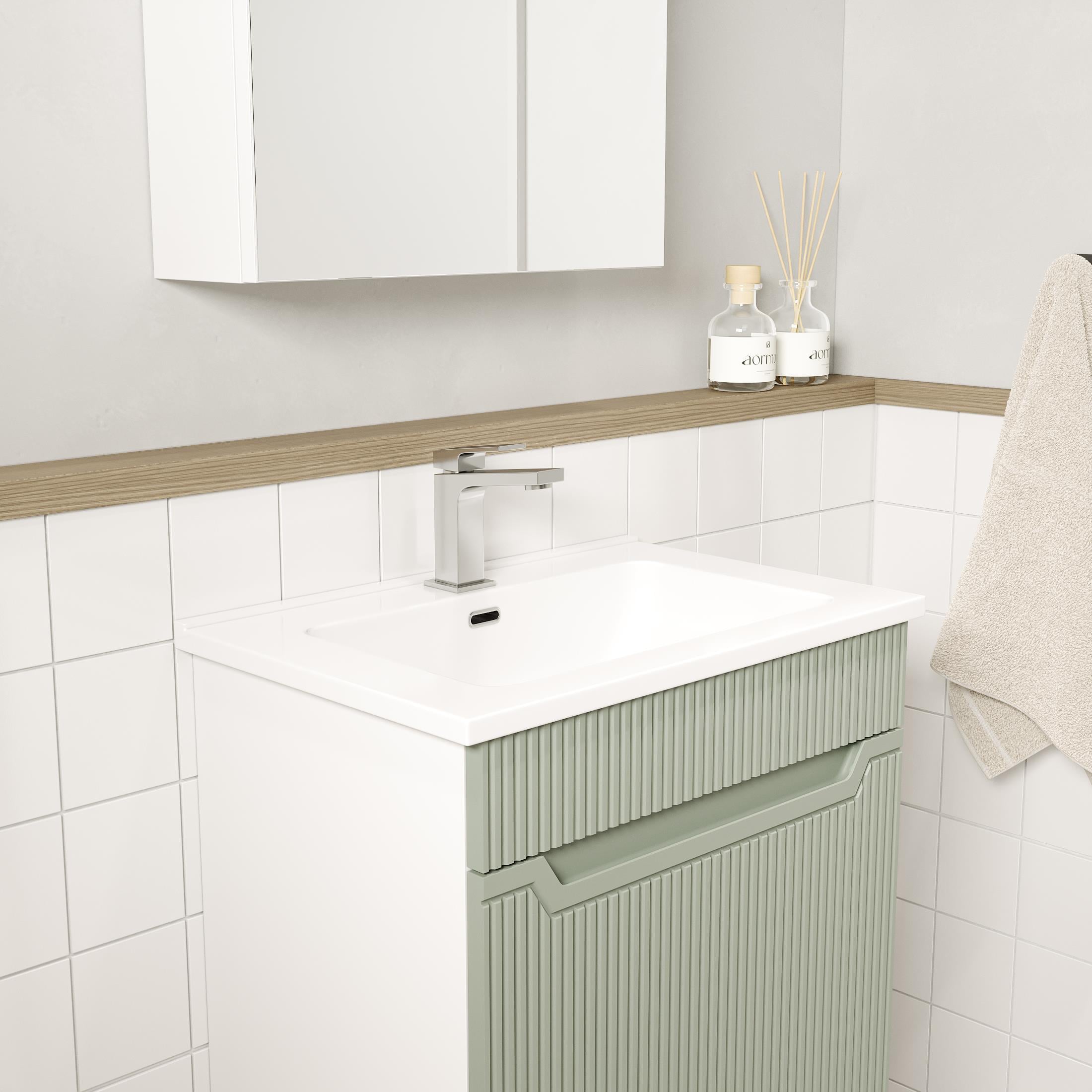 Banyo Dolabı, Ayna Ve Lavabo Seti, 55 Cm, Soft Su Yeşili