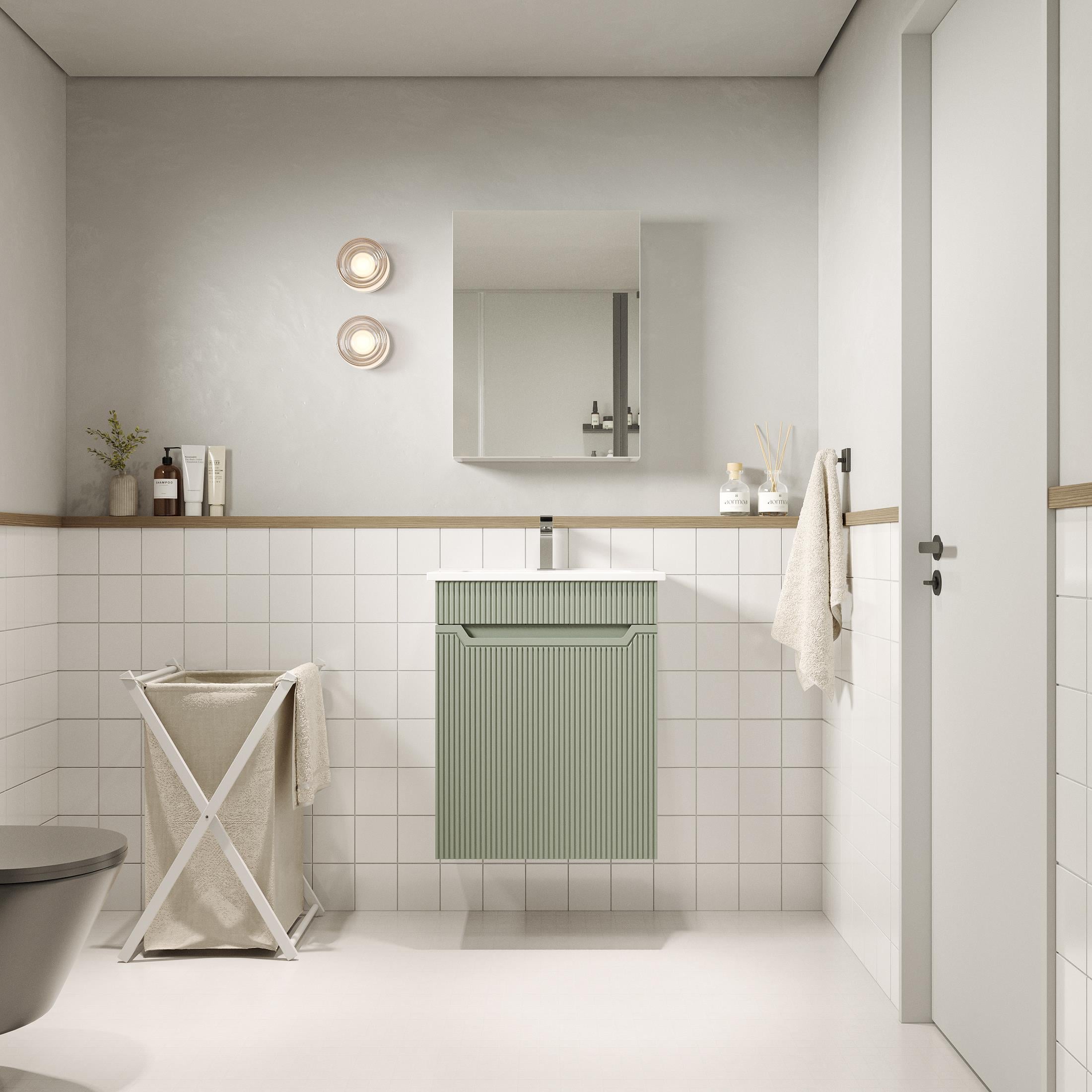 Banyo Dolabı, Ayna Ve Lavabo Seti, 55 Cm, Soft Su Yeşili