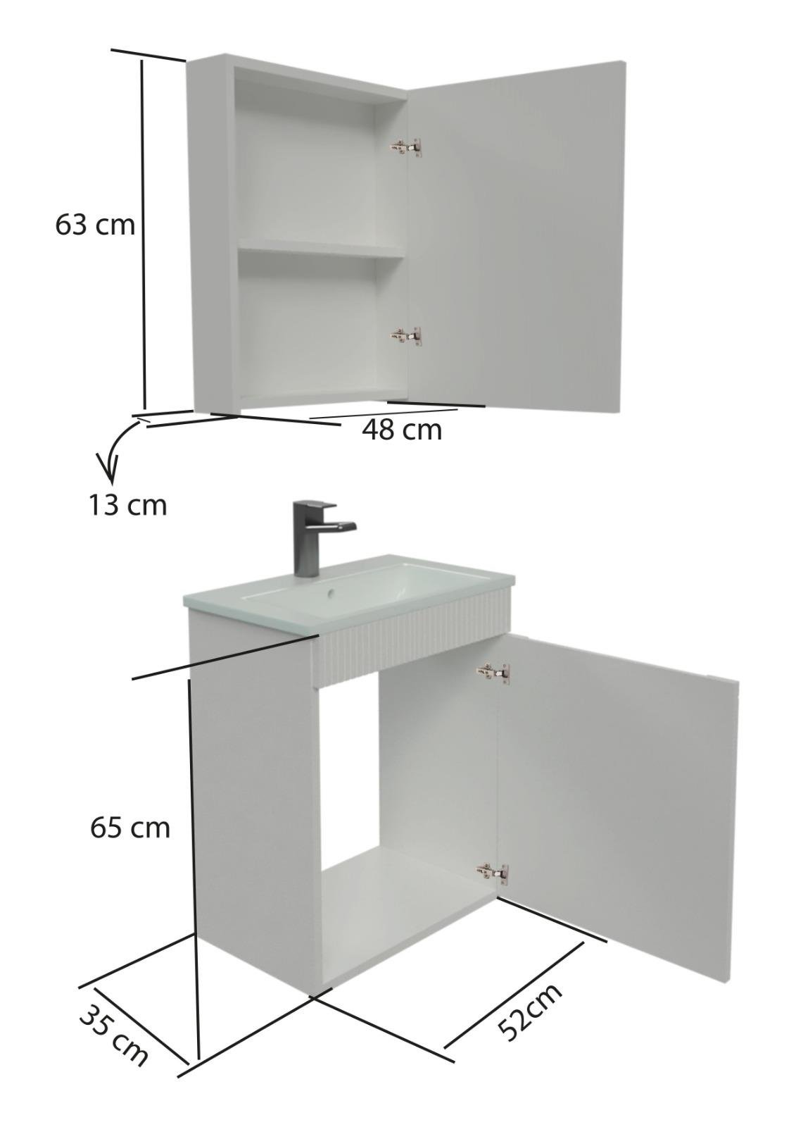 Banyo Dolabı, Ayna Ve Lavabo Seti, 55 Cm, Soft Su Yeşili
