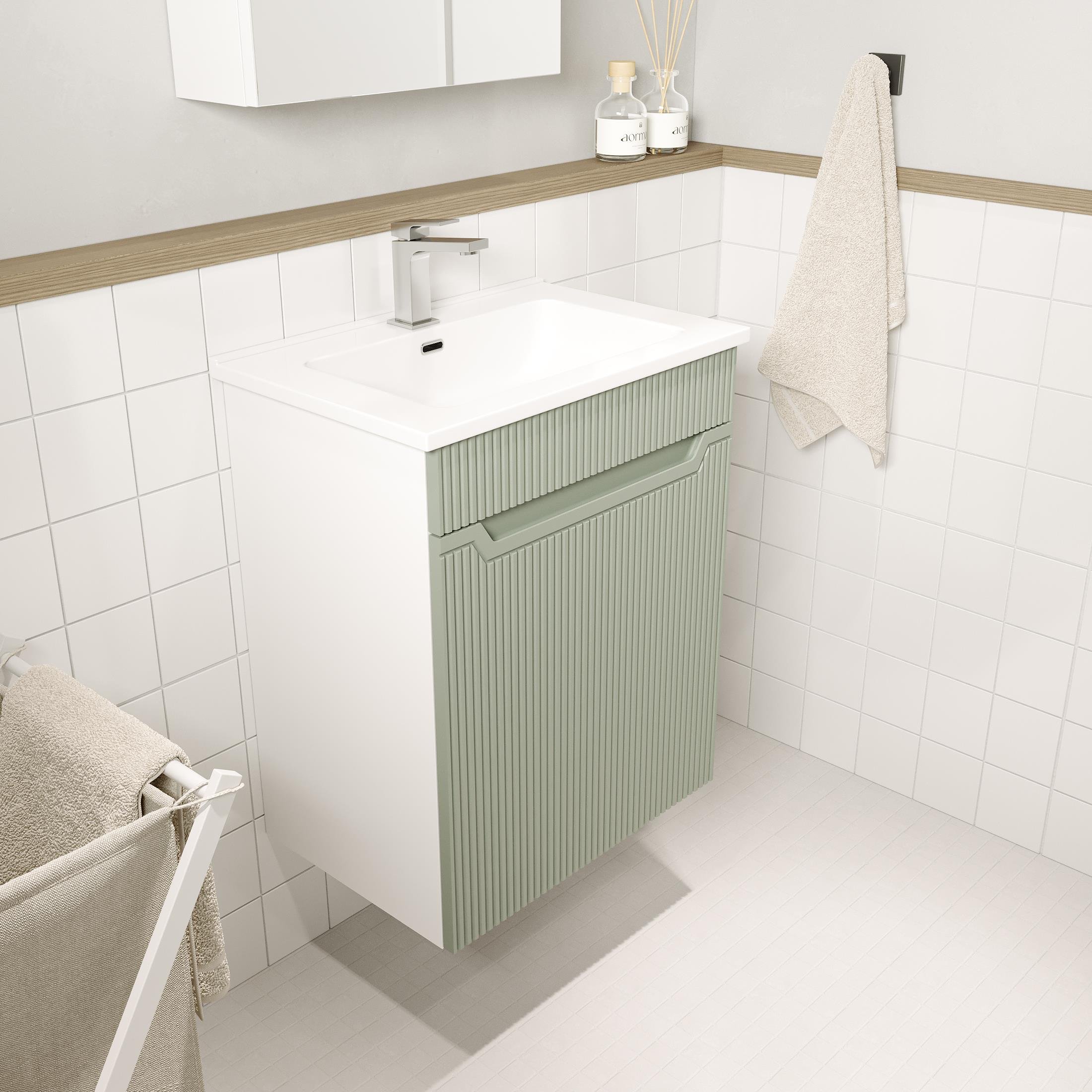 Banyo Dolabı, Ayna Ve Lavabo Seti, 55 Cm, Soft Su Yeşili