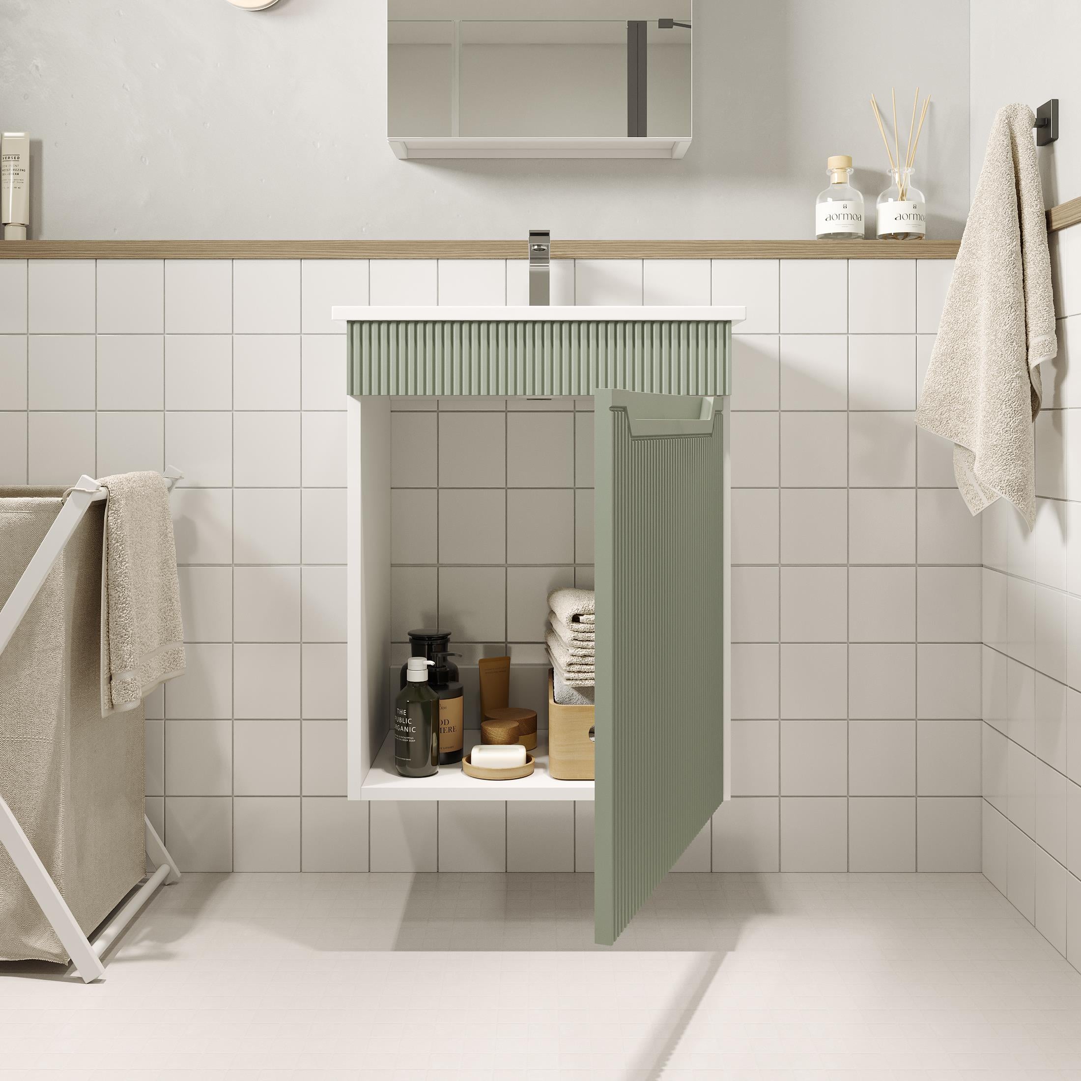 Banyo Dolabı, Ayna Ve Lavabo Seti, 55 Cm, Soft Su Yeşili