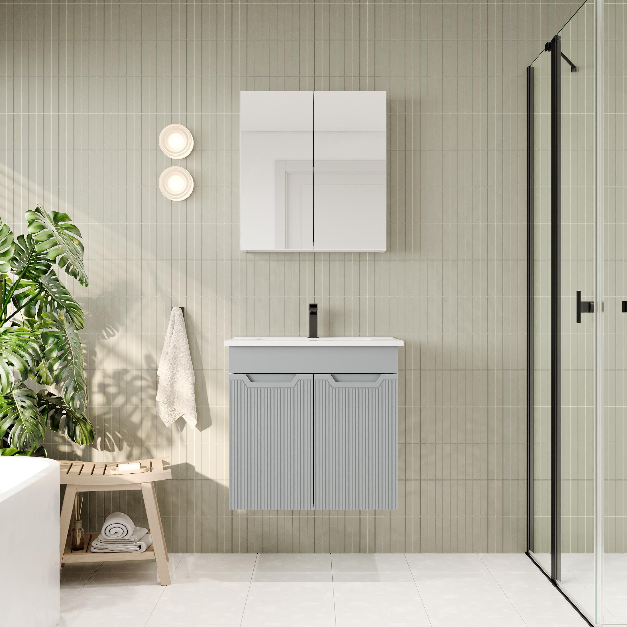 Banyo Dolabı, Ayna Ve Lavabo Seti, 65 Cm, İnci Gri