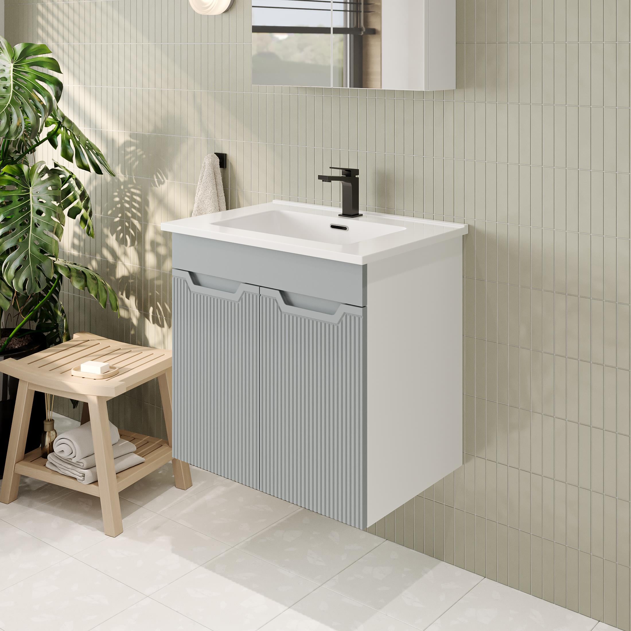 Banyo Dolabı, Ayna Ve Lavabo Seti, 65 Cm, İnci Gri