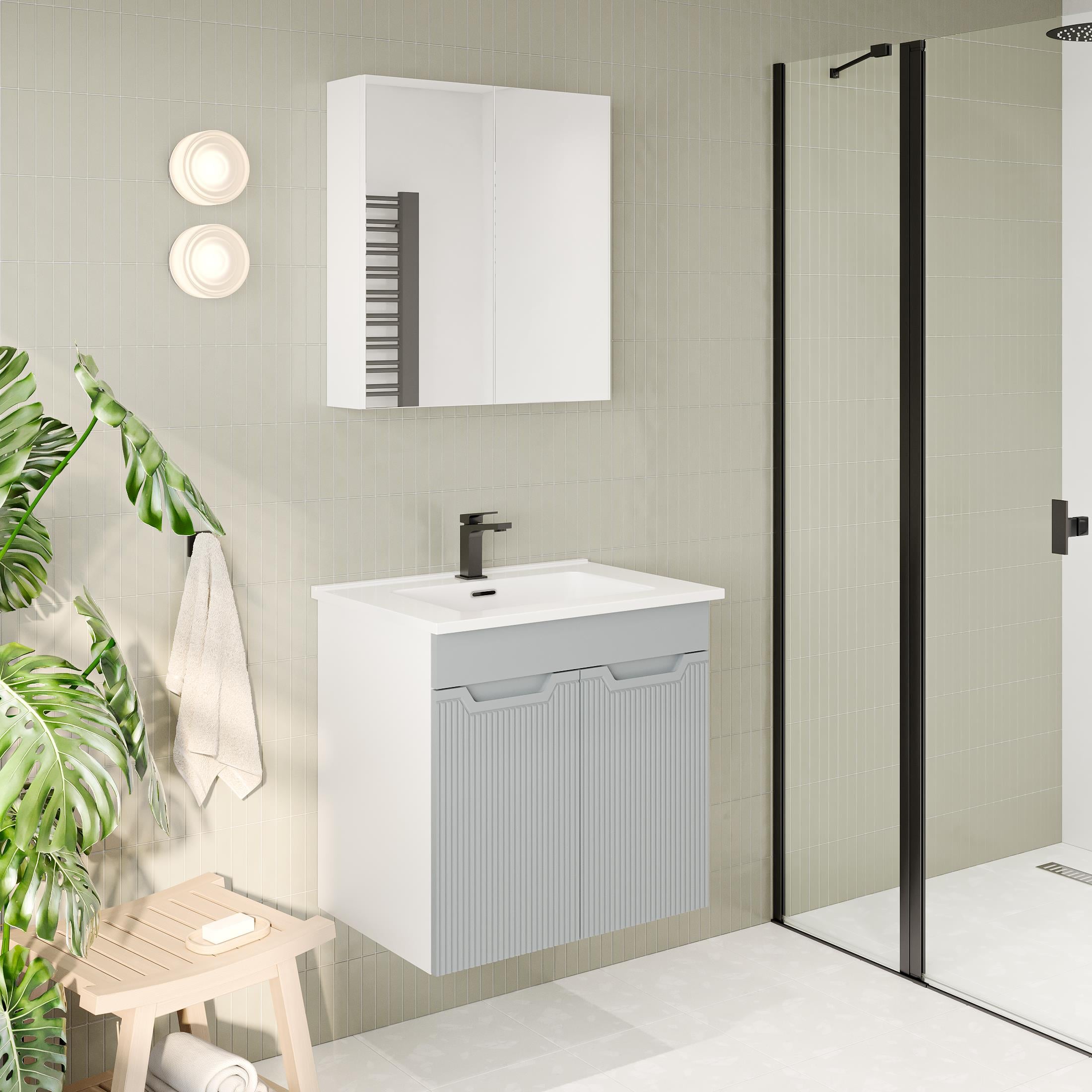 Banyo Dolabı, Ayna Ve Lavabo Seti, 65 Cm, İnci Gri