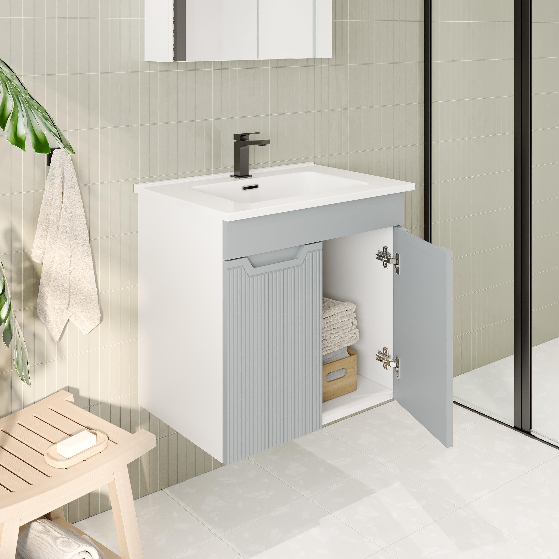 Banyo Dolabı, Ayna Ve Lavabo Seti, 65 Cm, İnci Gri