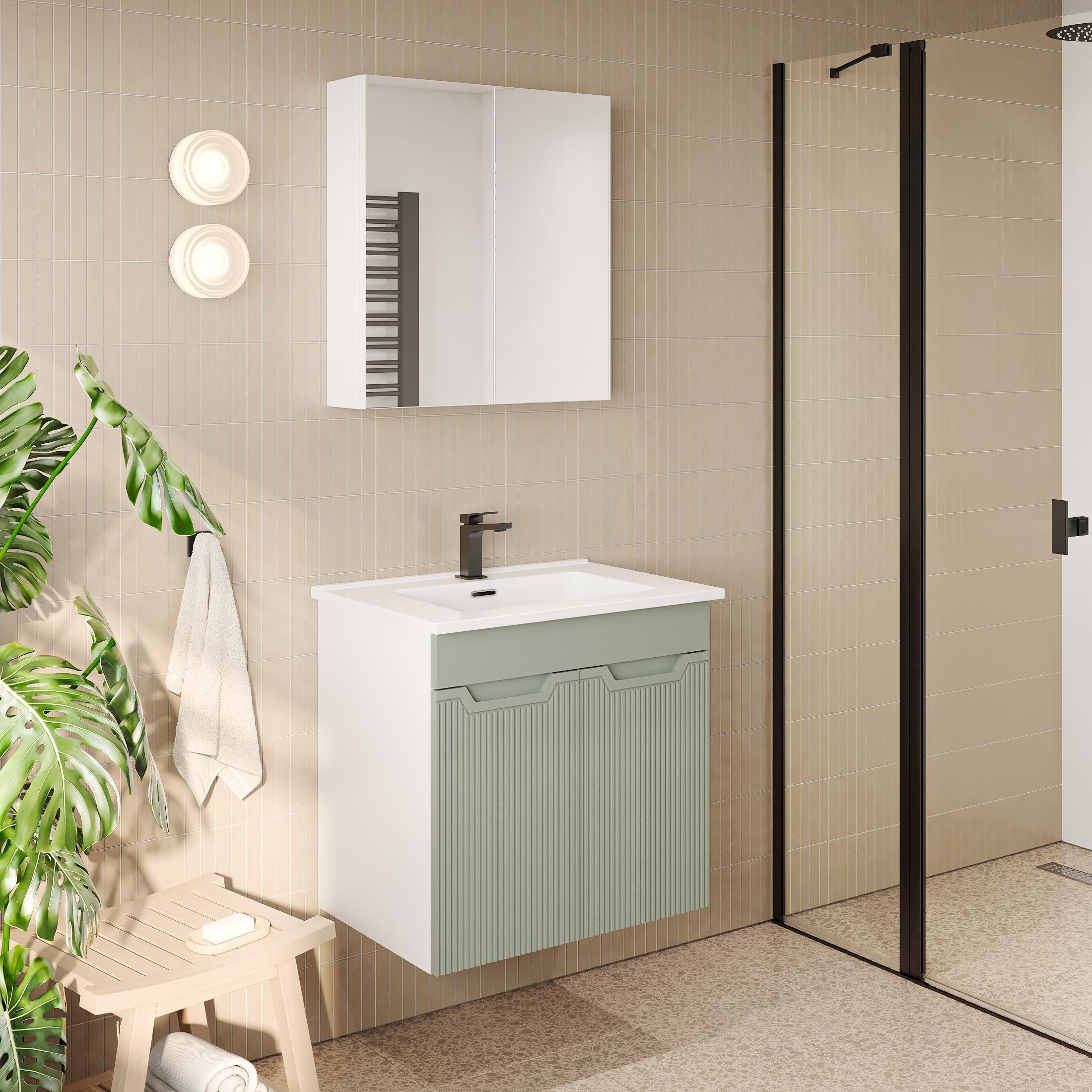 Banyo Dolabı, Ayna Ve Lavabo Seti, 65 Cm, Soft Su Yeşili
